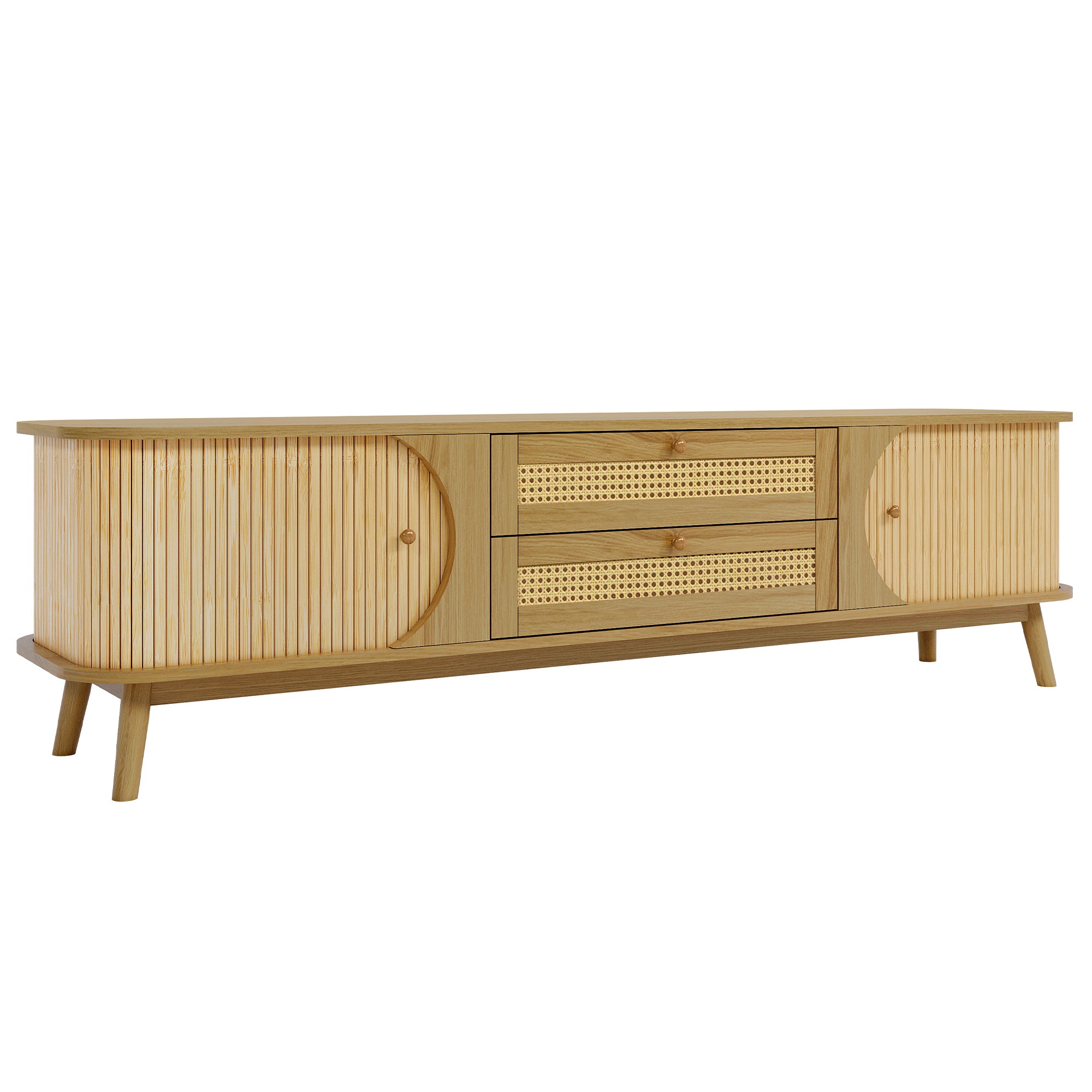 Modern Farmhouse Rattan TV Stand for TVs up to 75'', Solid Wood Legs, Natural Wood Finish Media Console with Storage Drawers and Sliding Doors - Grand Goldman Shop