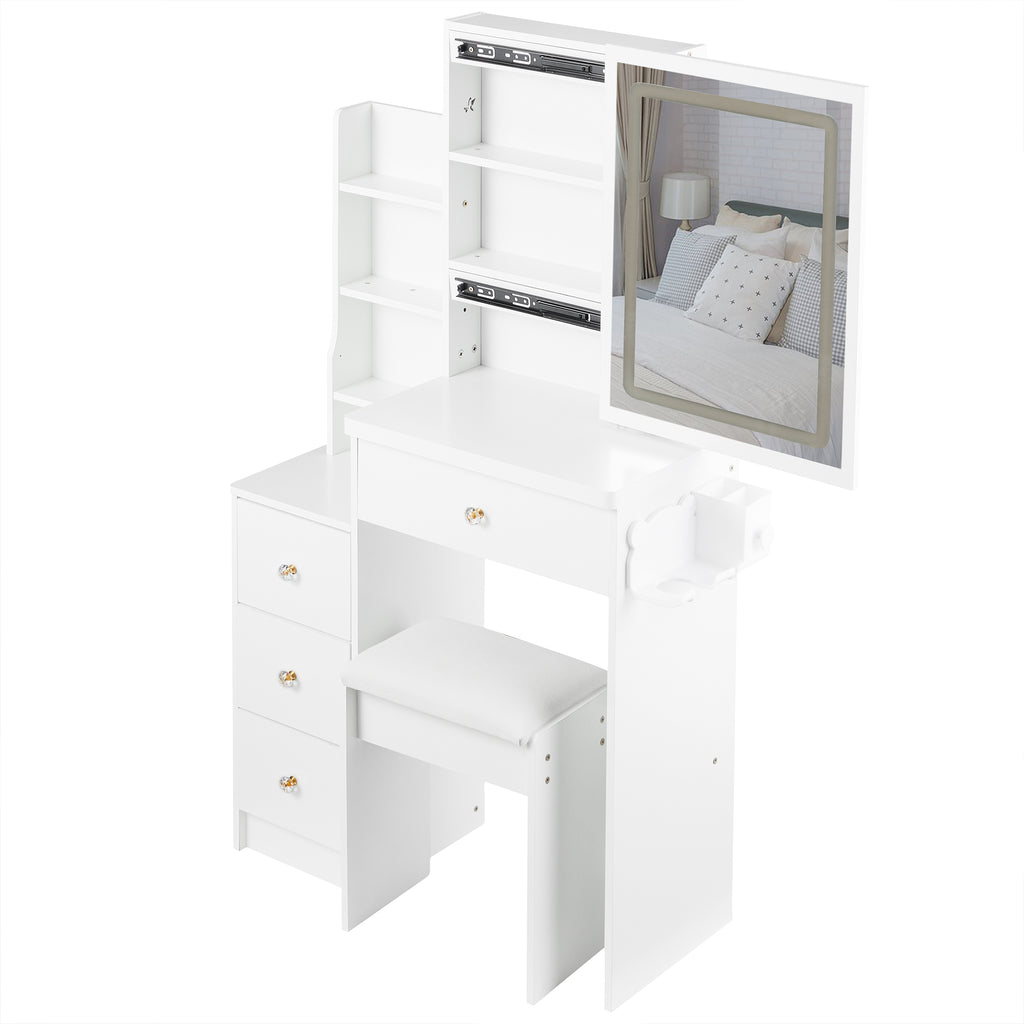29.2' Small Size Left Bedside Cabinet Vanity Table + Cushioned Stool, 2 AC+2 USB Power Station, Hair dryer bracket, Extra Large Touch Control Sliding LED Mirror, Tri-color Switching, Brightness Adjust - Grand Goldman Shop