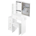 29.2' Small Size Left Bedside Cabinet Vanity Table + Cushioned Stool, 2 AC+2 USB Power Station, Hair dryer bracket, Extra Large Touch Control Sliding LED Mirror, Tri-color Switching, Brightness Adjust - Grand Goldman Shop