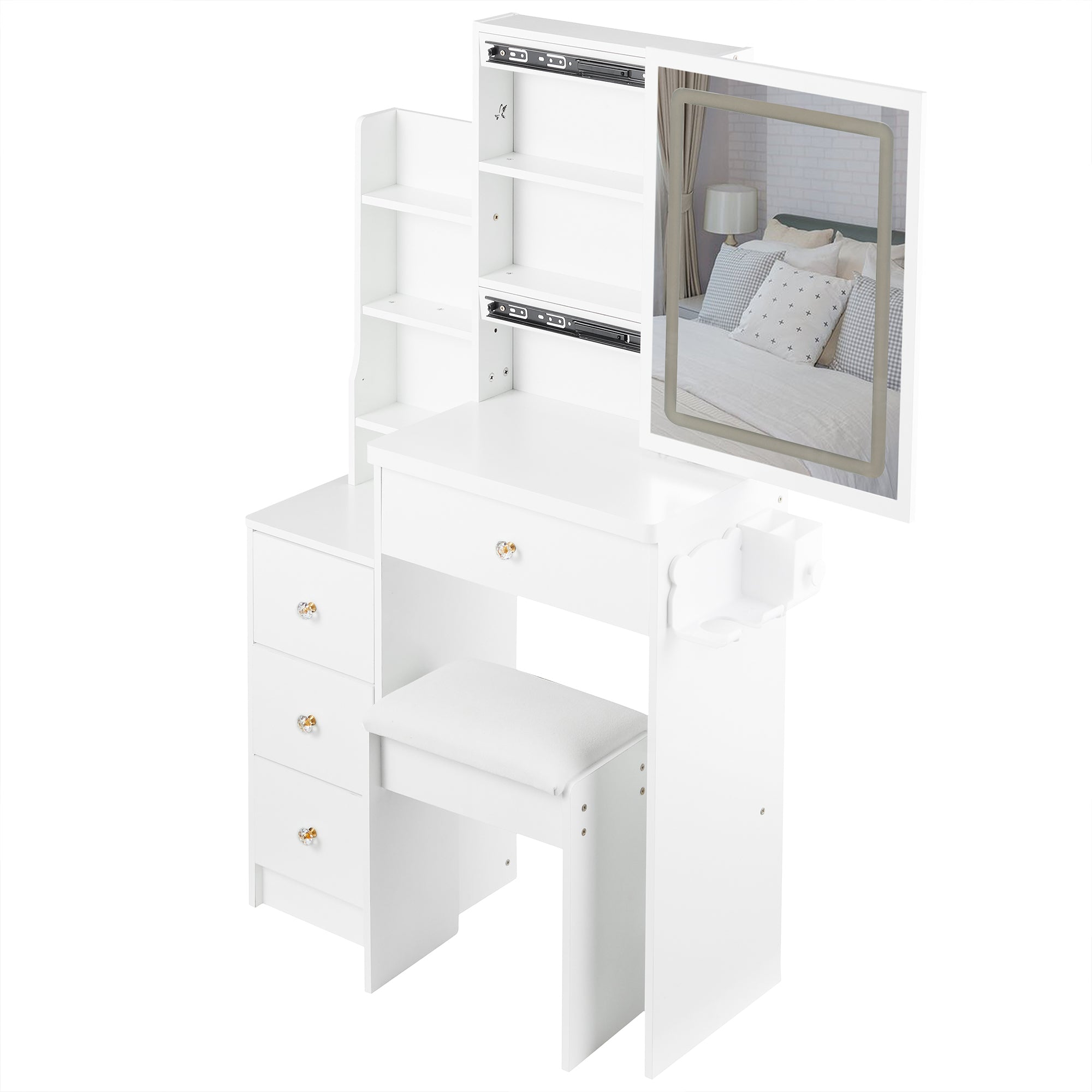 29.2' Small Size Left Bedside Cabinet Vanity Table + Cushioned Stool, 2 AC+2 USB Power Station, Hair dryer bracket, Extra Large Touch Control Sliding LED Mirror, Tri-color Switching, Brightness Adjust - Grand Goldman Shop