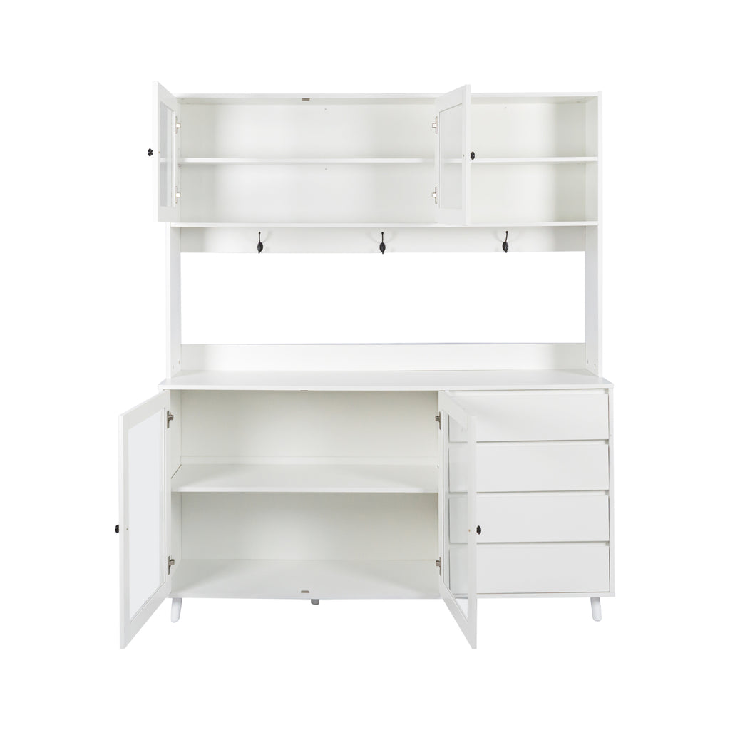 63' W Large Kitchen Hutch Cabinet, Freestanding Pantry Cabinets Storage Kitchen Cupboard with 4 Doors, 4 Drawers & Microwave Shelf, White - Grand Goldman Shop