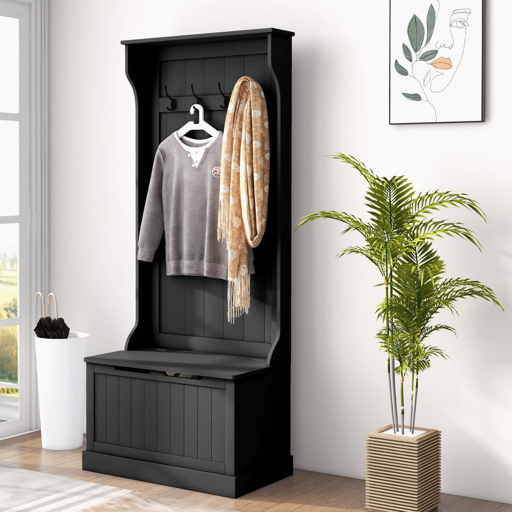 HOMCOM 28' 3-In-1 Entryway Hall Tree with Storage Bench, Coat Rack with Four Hooks and Shoe Storage, Black - Grand Goldman Shop
