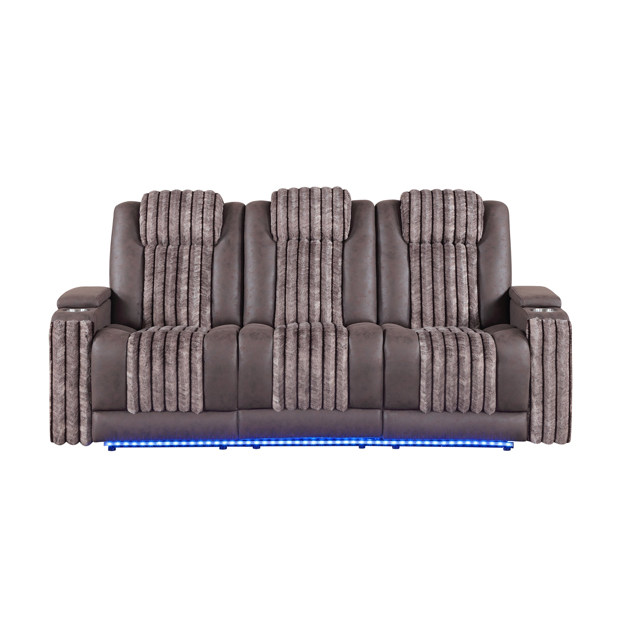 Duran Brown Power Reclining Sofa and Loveseat with Power Headrest, LED Lighting, USB Charging, and Bluetooth Speaker - Brown Wood Finish - Grand Goldman Shop