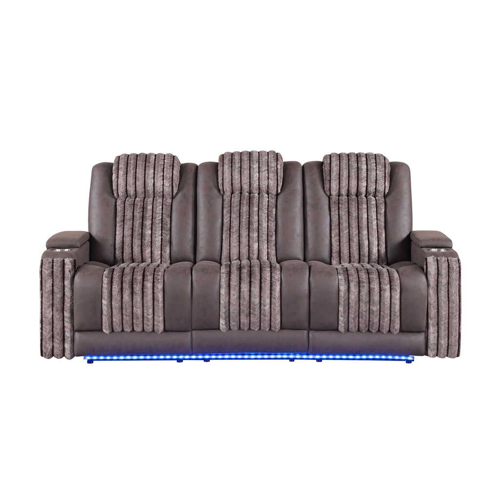 Duran Brown 3PC Power Reclining Sofa-Loveseat and Recliner with Power Headrest, LED, USB, and Bluetooth Speaker - Grand Goldman Shop