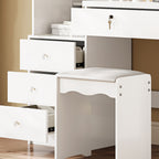 Vanity Desk Set with Sliding Lighted Mirror, Makeup Dressing Table with 4 Drawers & 9 Storage Spaces, Hidden Compartments and Cushioned Stool, White Beauty Furniture for Bedroom - Grand Goldman Shop