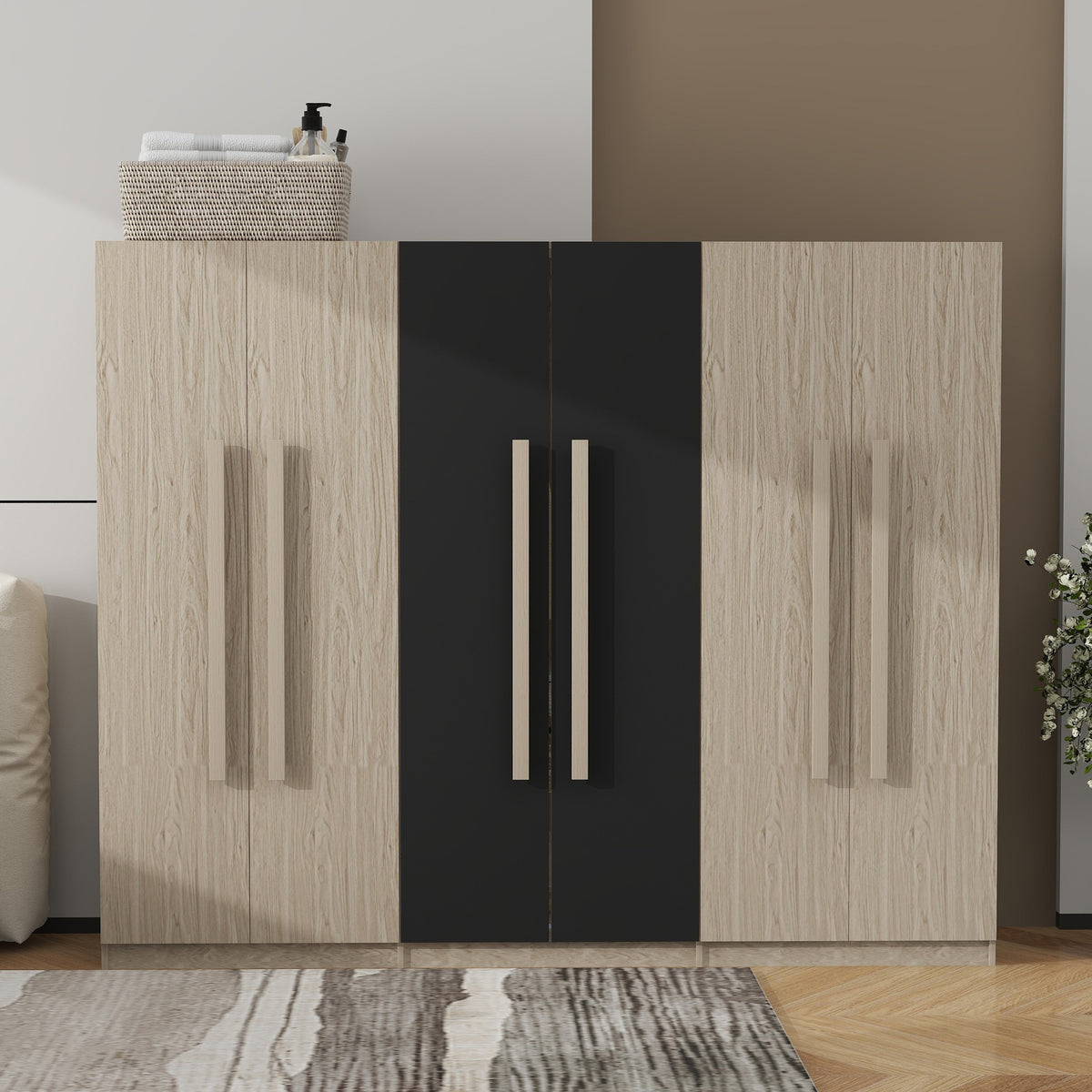 6-Doors Wooden Wardrobe Storage for Bedroom,with 2 Drawers Inside,Black+Nature - Grand Goldman Shop