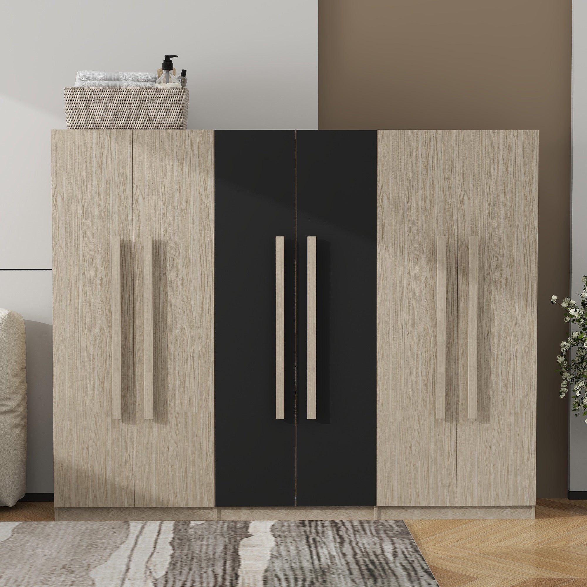 6-Doors Wooden Wardrobe Storage for Bedroom,with 2 Drawers Inside,Black+Nature - Grand Goldman Shop