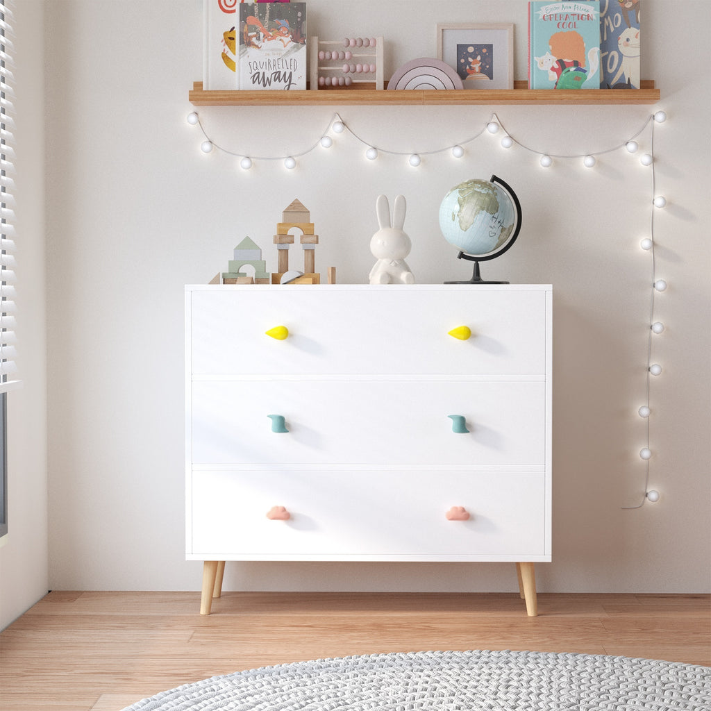 Kids 3 Drawer Dresser, White Nursery Storage Cabinet with Anti-Tip Safety Feature, Solid Wood and MDF Construction, Compact D