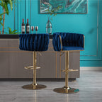 Set of 2  Bar Stools,with Chrome Footrest and Base Swivel Height Adjustable Mechanical Lifting Velvet + Golden Leg Simple Bar Stool-Navy - Grand Goldman Shop
