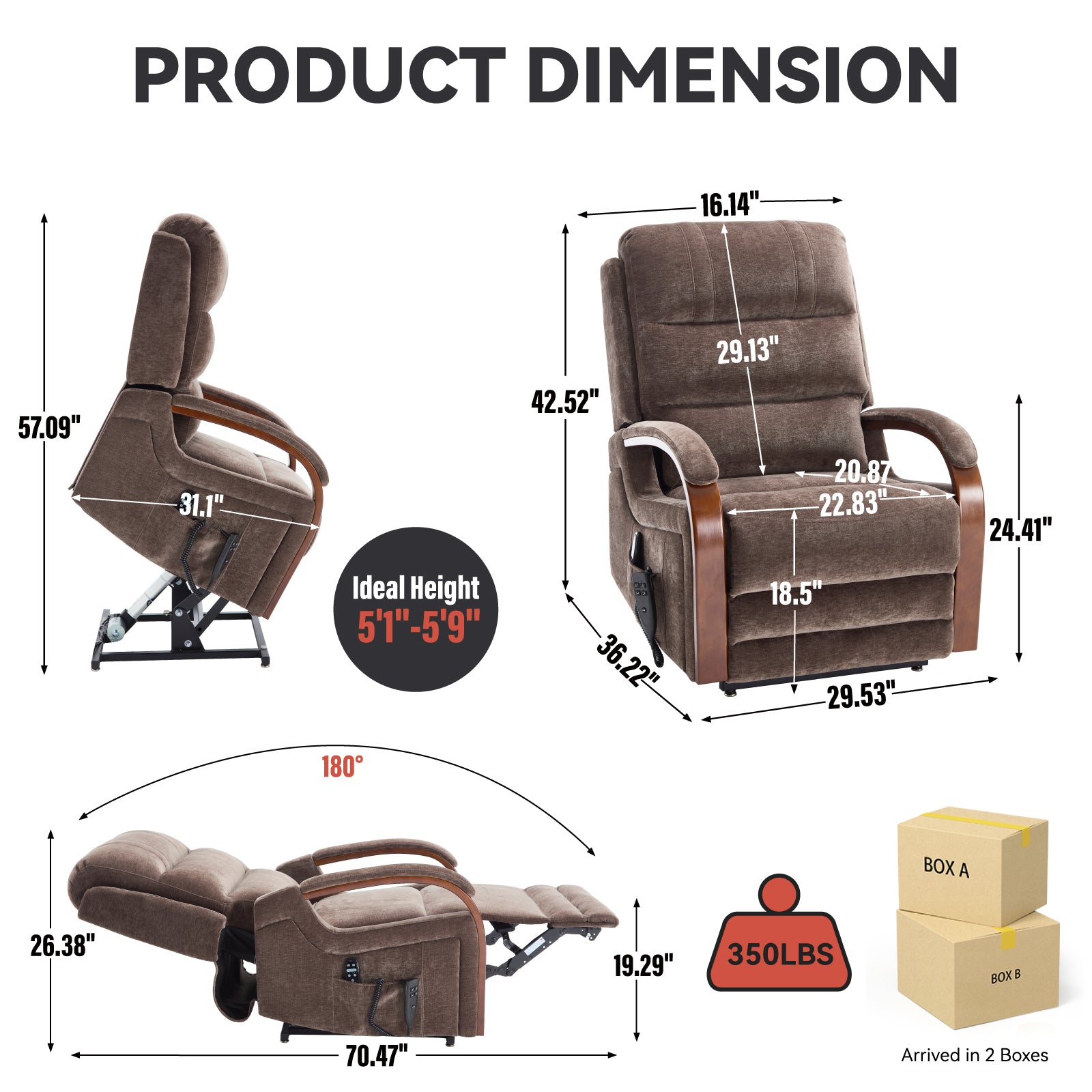 Power Brown Chenille Lift Recliner Chair Dual Motor Infinite Position Up to 350 LBS with Solid Wood Armrests, Heat Massage and Heavy Duty Motion Mechanism - Grand Goldman Shop