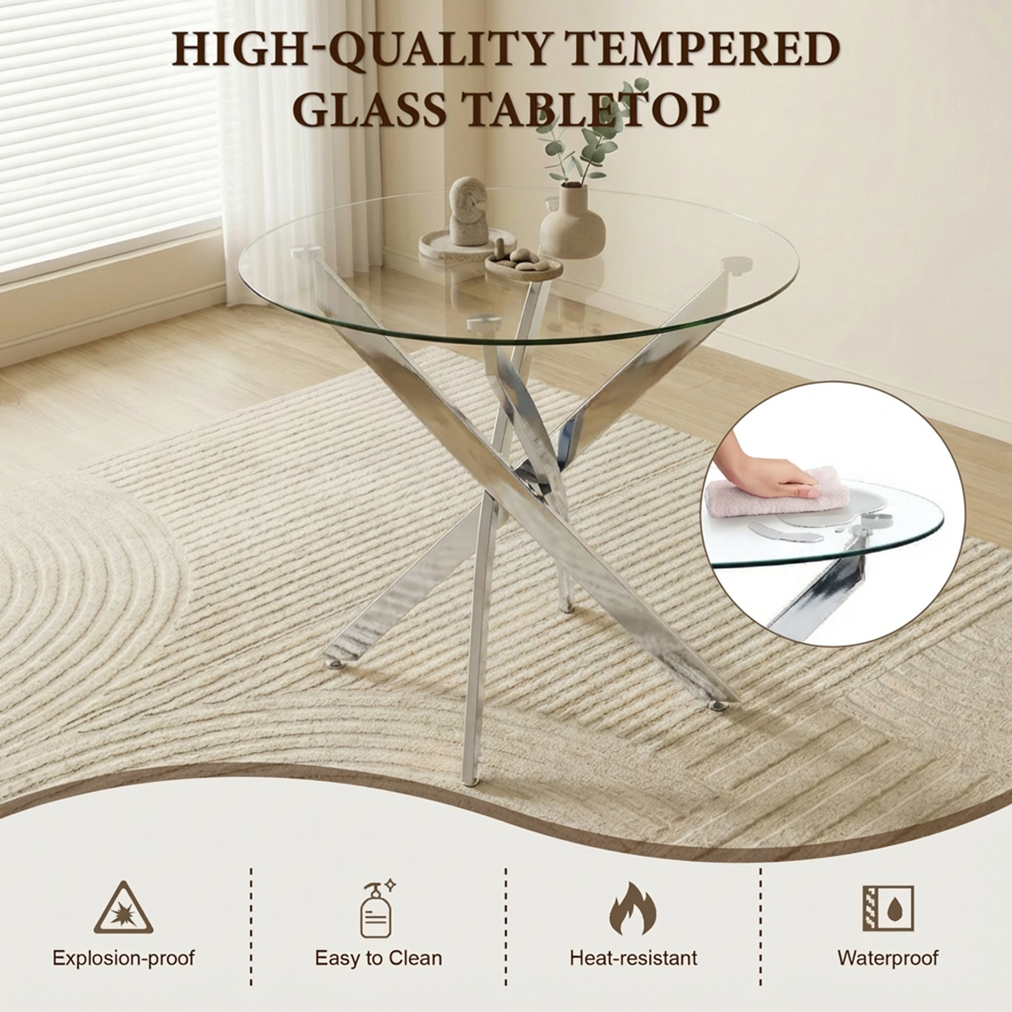 Round Dining Table, 35.5' Glass Dining Table with Silver Legs, Modern Kitchen Table for Home Kitchen, Dining Room - Grand Goldman Shop