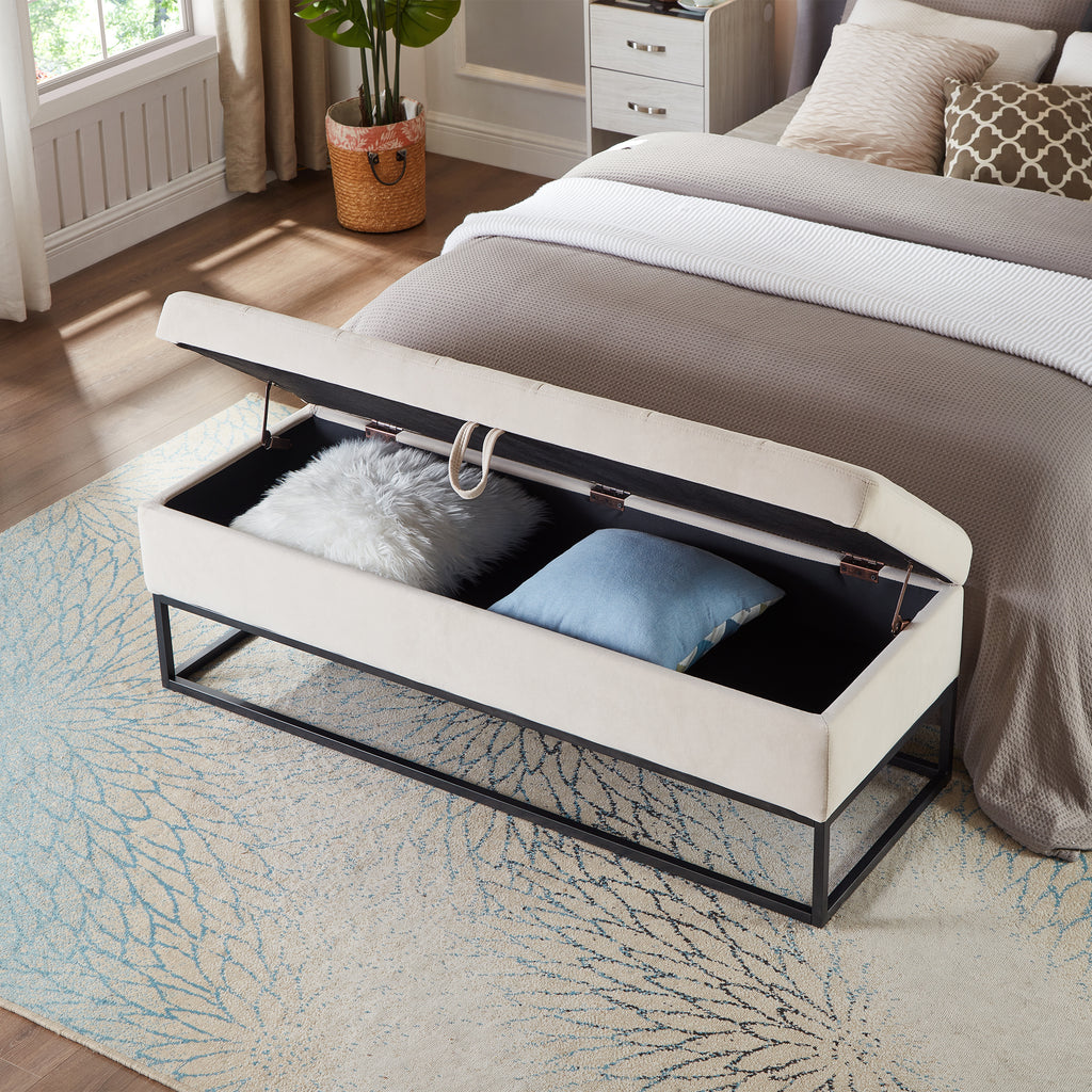 58.6' Bed Bench Metal Base with Storage Beige Velvet - Grand Goldman Shop