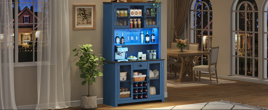 70.9' Kitchen Pantry Storage Cabinet Rustic Buffet Cabinet, Kitchen Hutch Cabinet with LED Outlets Food Pantry Cabinet with Doors and Shelves Wine Rack for Dining Room, Navy Blue - Grand Goldman Shop