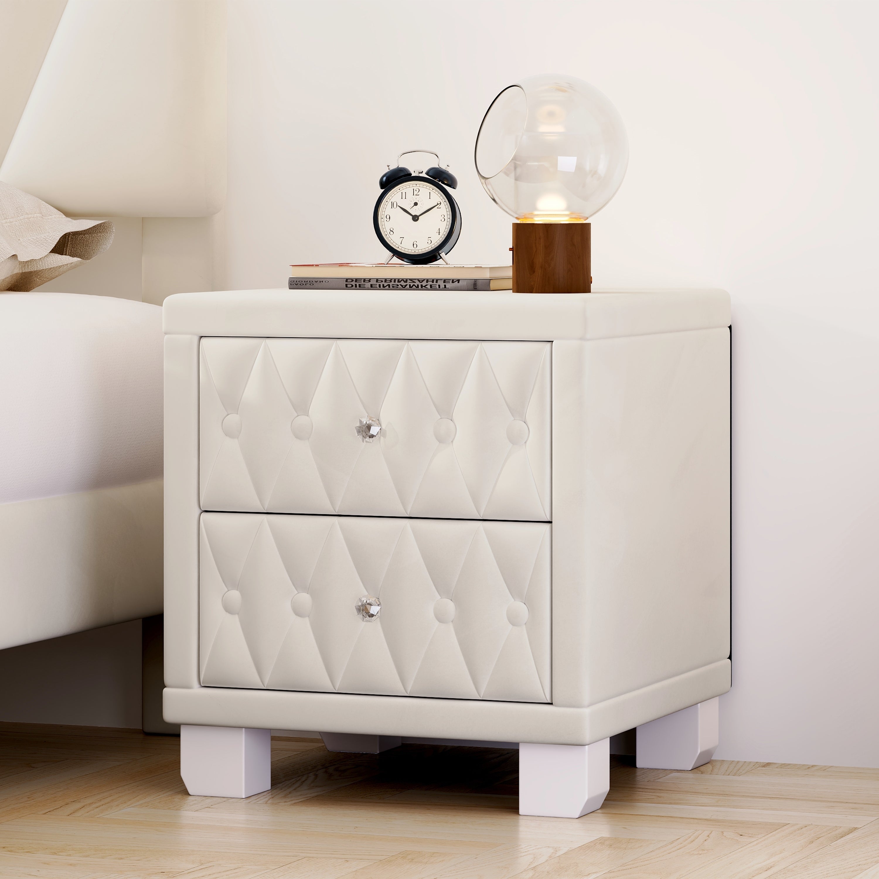 Elegant Velvet Nightstand with 2 Drawers and Crystal Handle, Storage Bedside Table with Button-Tufted, Beige - Grand Goldman Shop