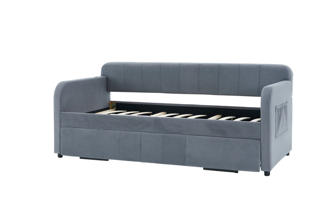 Twin Upholstered Daybed Frame with Trundle, Twin Size Sofa Bed for Bedroom Living Room Guest Room, Wood Slat Support,Grey - Grand Goldman Shop