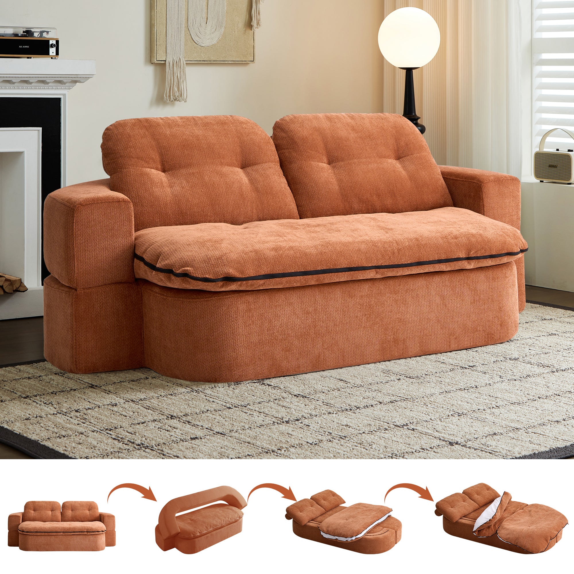 Modern Floor Sofa with 2 Pillows,Convertible Corduroy Fabric Foam-Filled Sleeper Sofa Bed, no assembly required,Convertible Sofa Cushion Unfolds into Quilt,Folding Mattress for Living Room,Playroom - Grand Goldman Shop