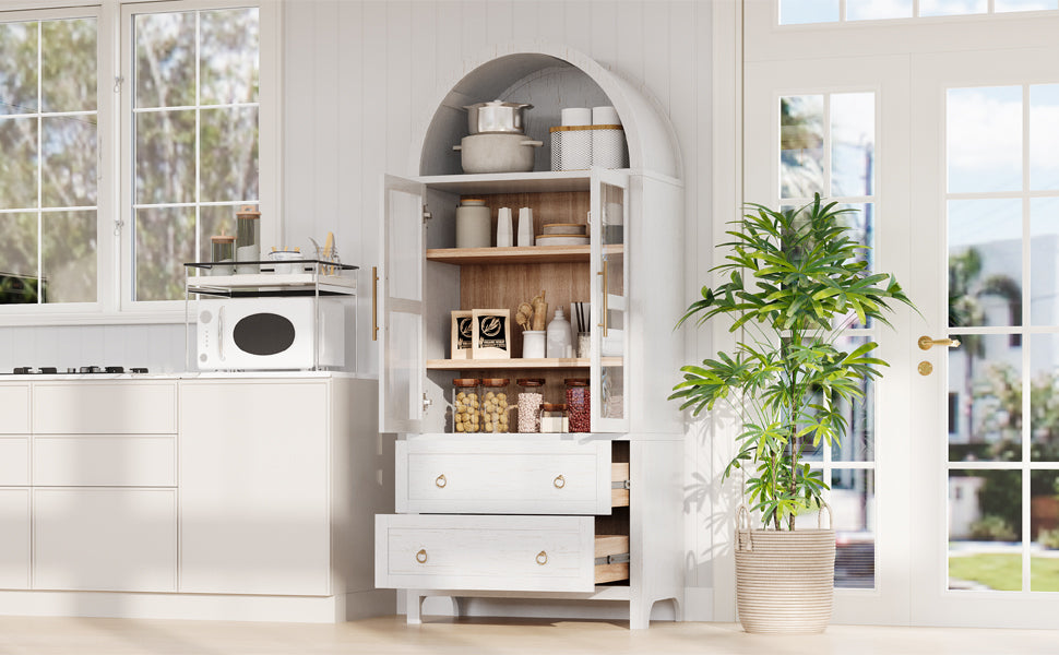 K&K 71' Tall Arched Kitchen Pantry Cabinet with 2 Large Drawers, Modern Farmhouse Kitchen Storage Cabinets with Adjustable Shelves, Glass Door, Wood Versatile Cupboard for Kitchens, Dining Room, White - Grand Goldman Shop