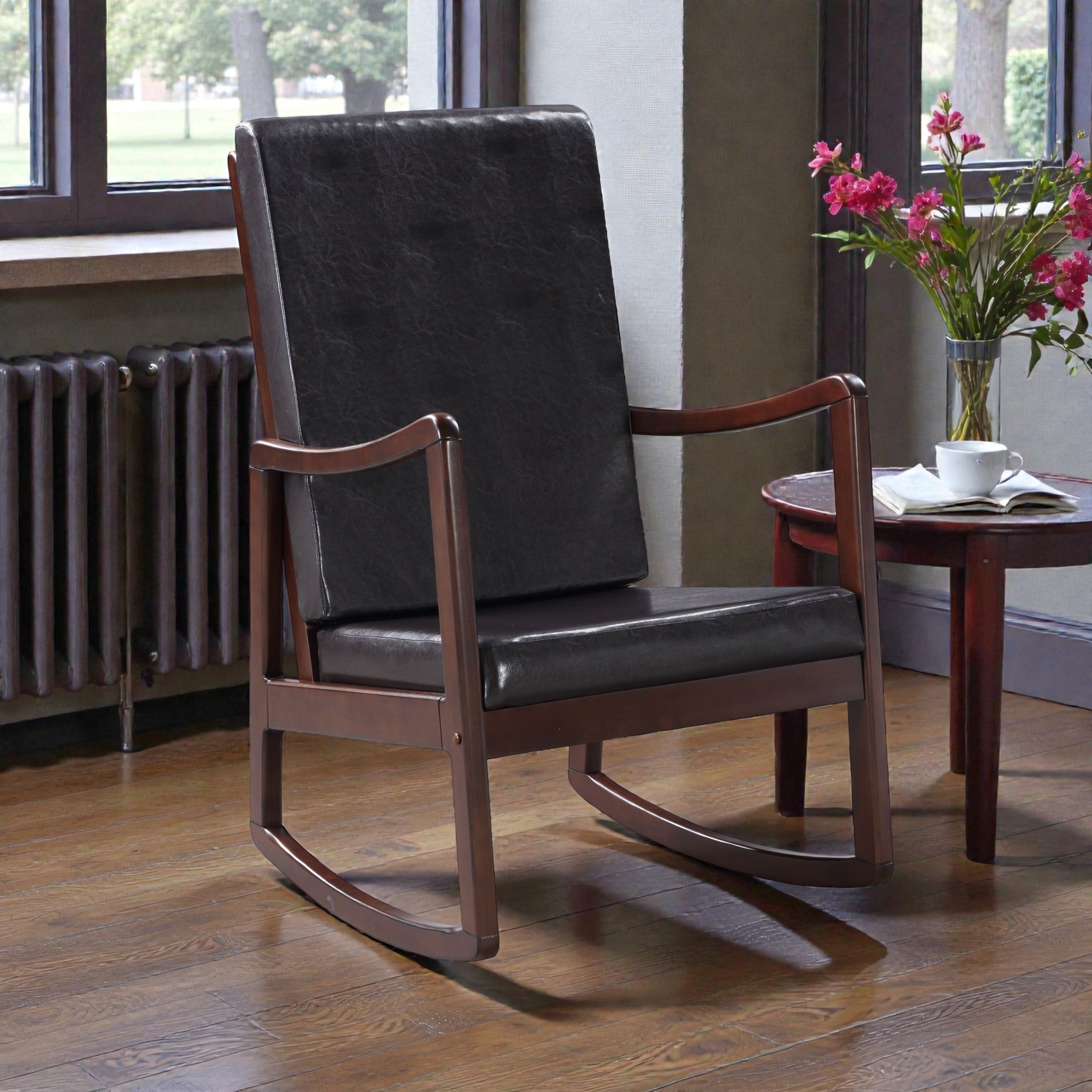 Raina Dark Brown Synthetic Leather & Espresso Finish Rocking Chair with Foam Cushioning, 220lb Capacity - Grand Goldman Shop