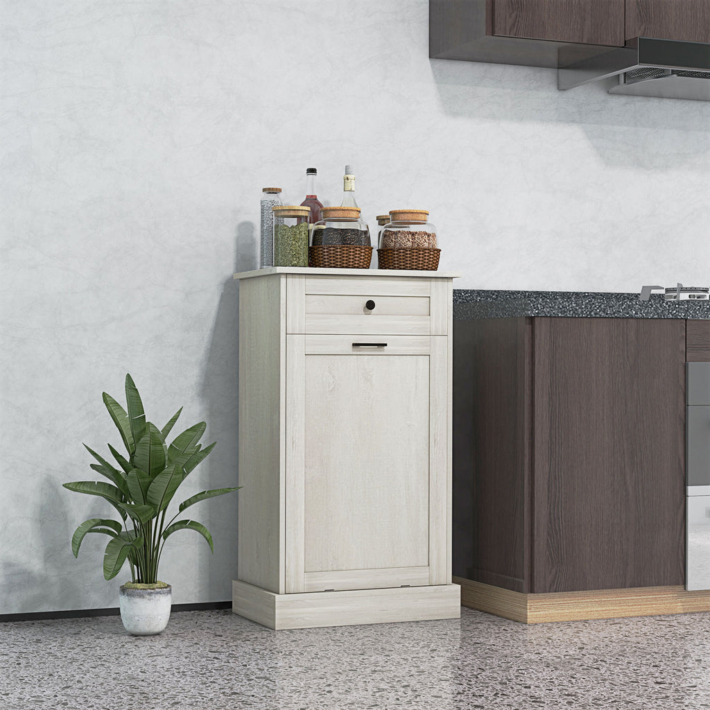 HOMCOM Kitchen Tilt Out Trash Bin Cabinet Free Standing Recycling Cabinet Trash Can Holder With Drawer, Light Gray - Grand Goldman Shop