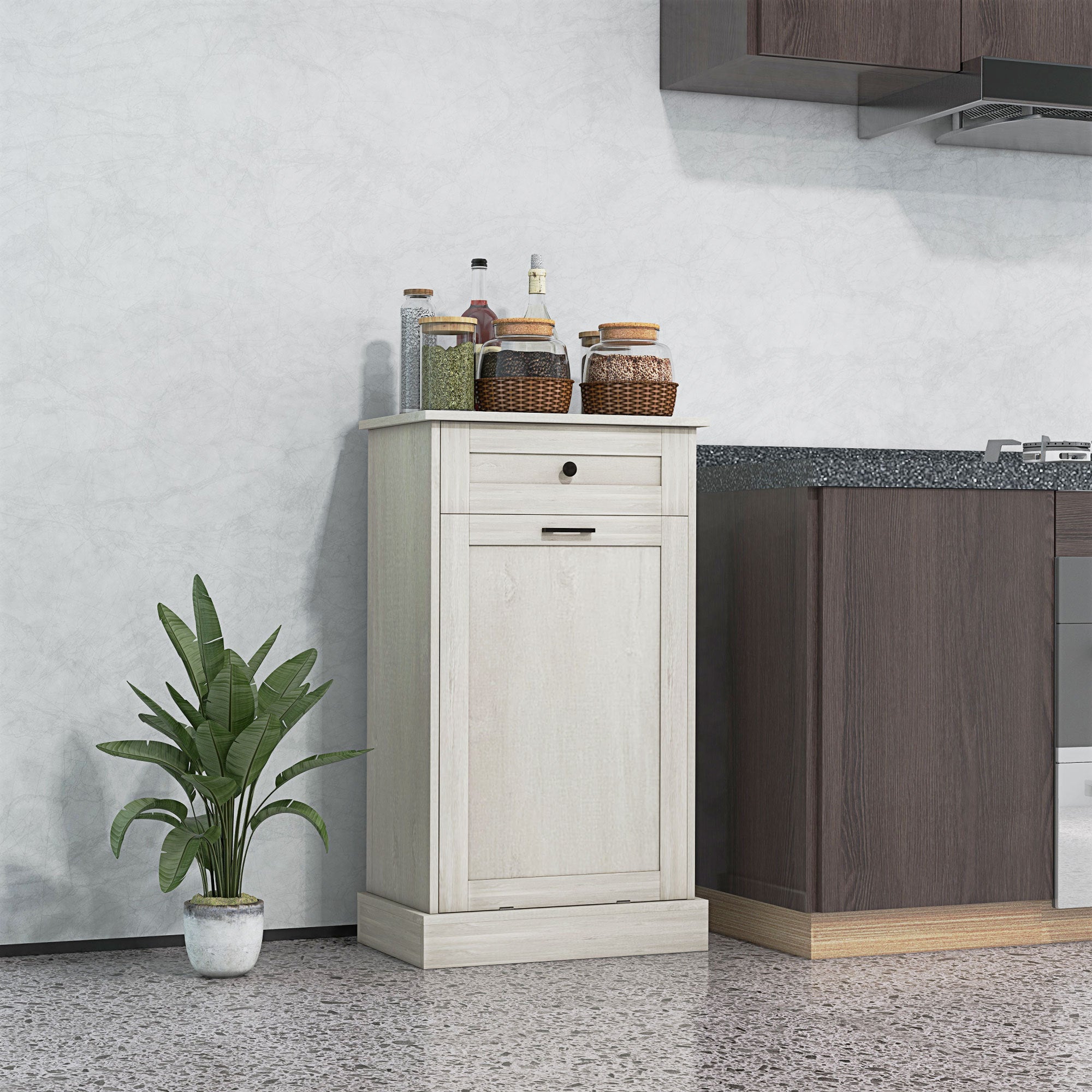 HOMCOM Kitchen Tilt Out Trash Bin Cabinet Free Standing Recycling Cabinet Trash Can Holder With Drawer, Light Gray - Grand Goldman Shop