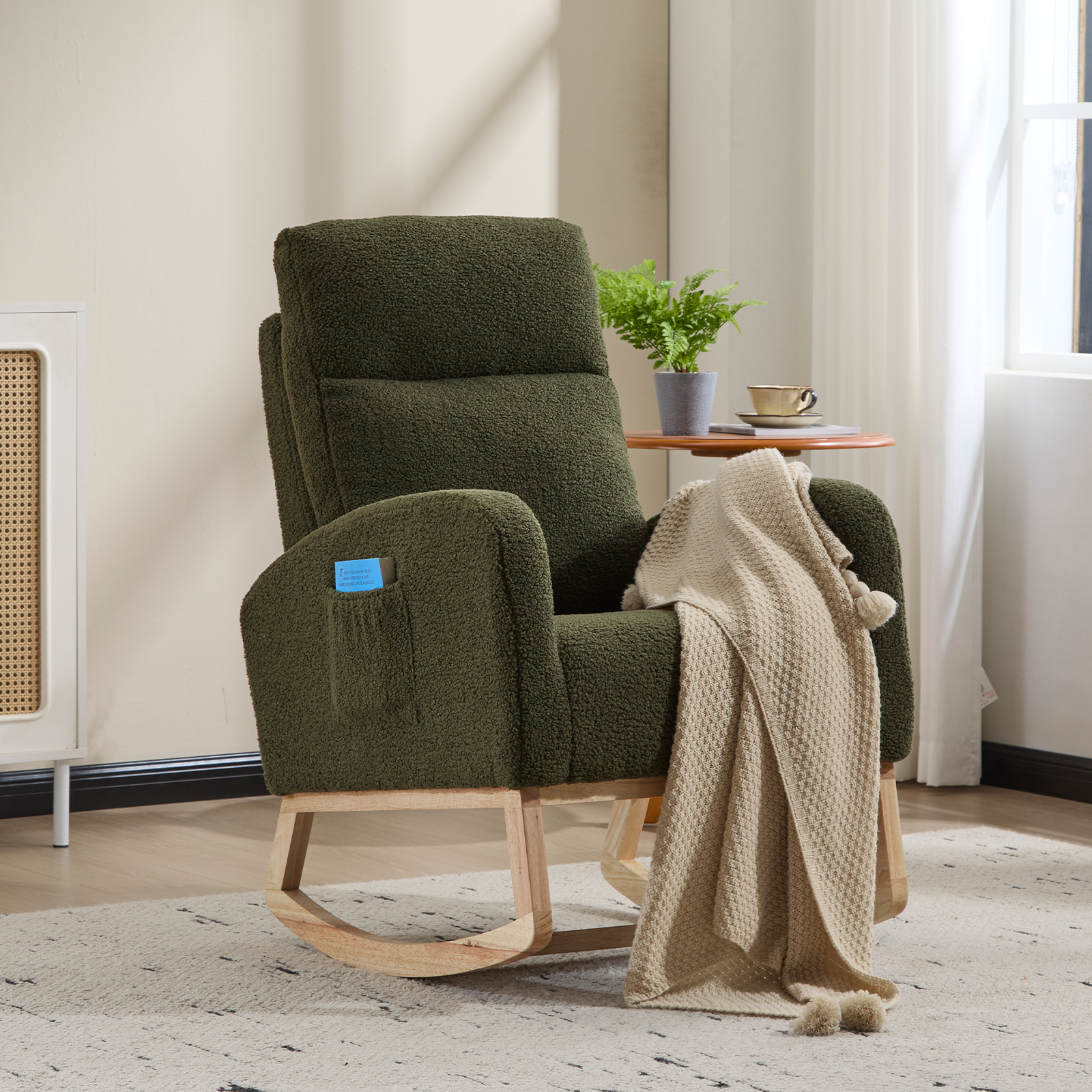 Modern Accent Rocking Chair Rocking Chair with Solid Wood Legs, Upholstered Nursery Glider Rocker, Comfy Armchair with Side Pocket, Living Room Lounge Arm Chair with High Backrest (green,teddy) - Grand Goldman Shop
