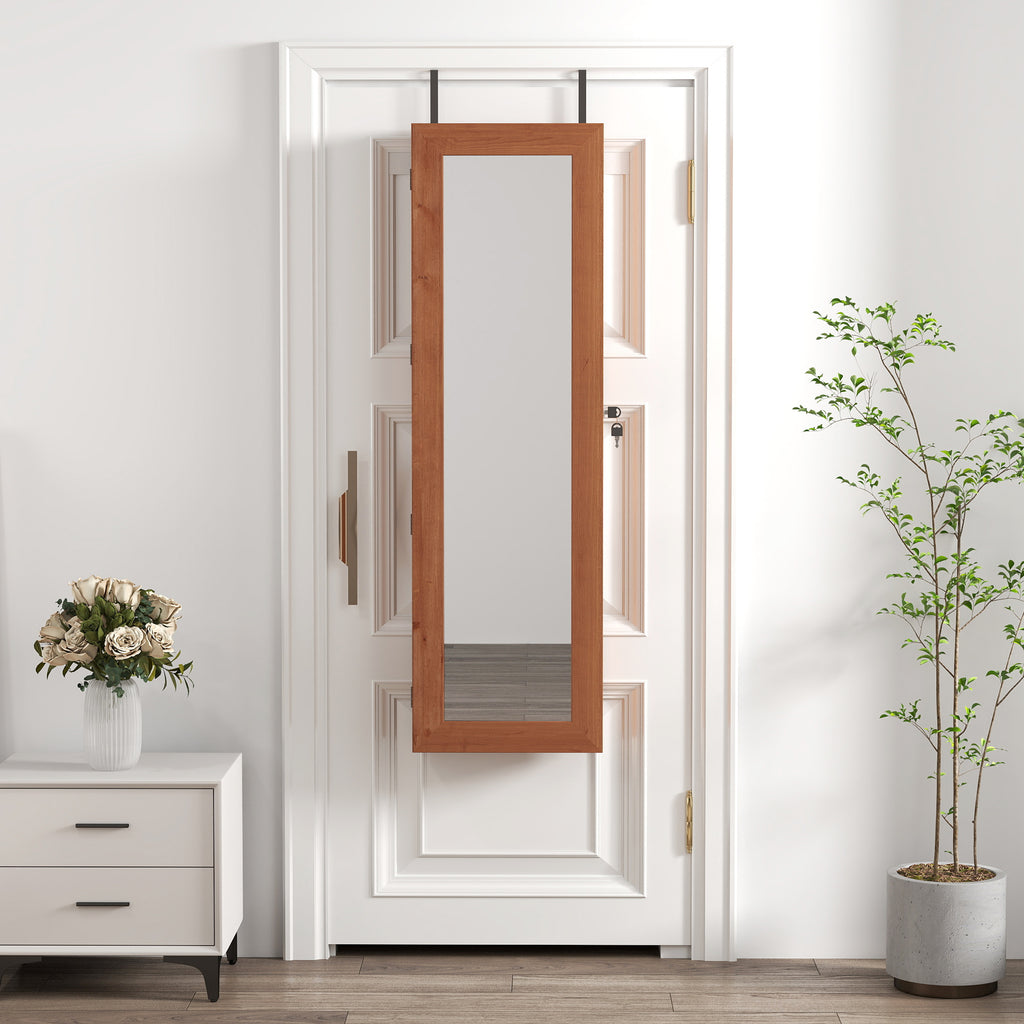 Solid Wood Jewelry Armoire Organizer Cabinet with Full-Length Mirror, Brown, Wall-Mounted Lockable with LED Light, 47.5x14.3 in - Grand Goldman Shop