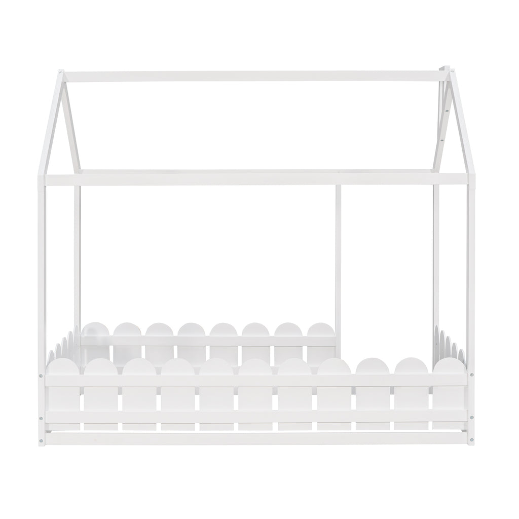 {Slats are not included}Twin Size Wood Bed House Bed Frame with Fence,for Kids,Teens, Girls,Boys {White}{OLD SKU:WF194274AAK} - Grand Goldman Shop