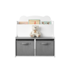 Kids Bookshelf with Storage Bins – Wooden Bookcase with Book Display Shelf and 2 Fabric Bins, Cute Bear-Shaped Backboard, Toy
