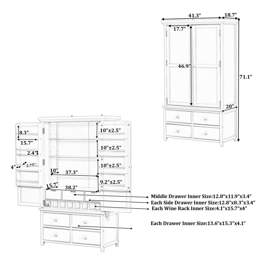 [Assembly&Show Video Available] TOPMAX Freestanding Large Kitchen Pantry Wooden Kitchen Storage Cabinet Cupboard with 8 Door Shelves,3 Adjustable Shelves,7 Drawers& 8 Wine Racks, Gray - Grand Goldman Shop