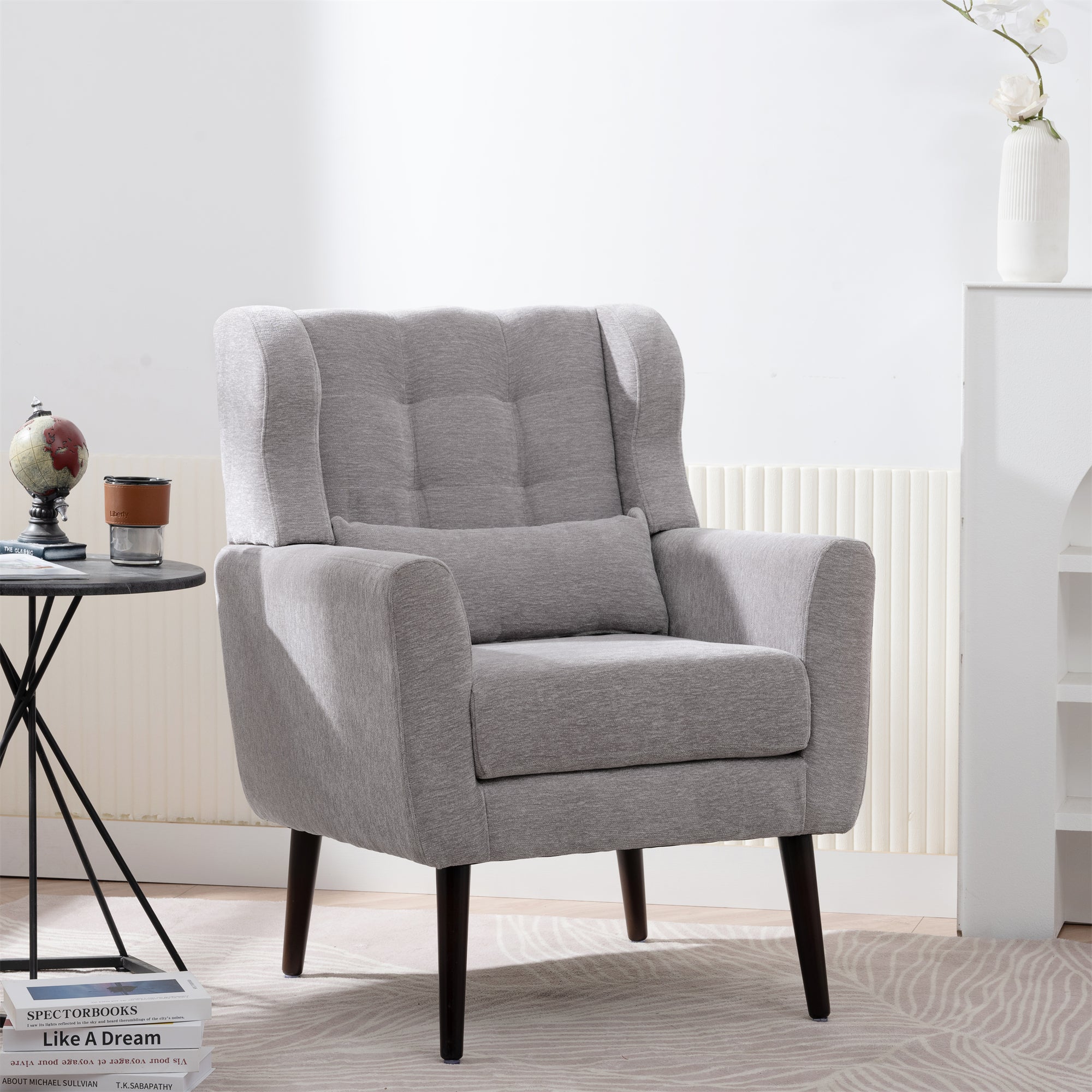 Modern Accent Chair Chenille Arm Chairs for Living Room Upholstered Comfy Soft Padded Lounge Chair with Pillow Solid Wood Leg Gray - Grand Goldman Shop