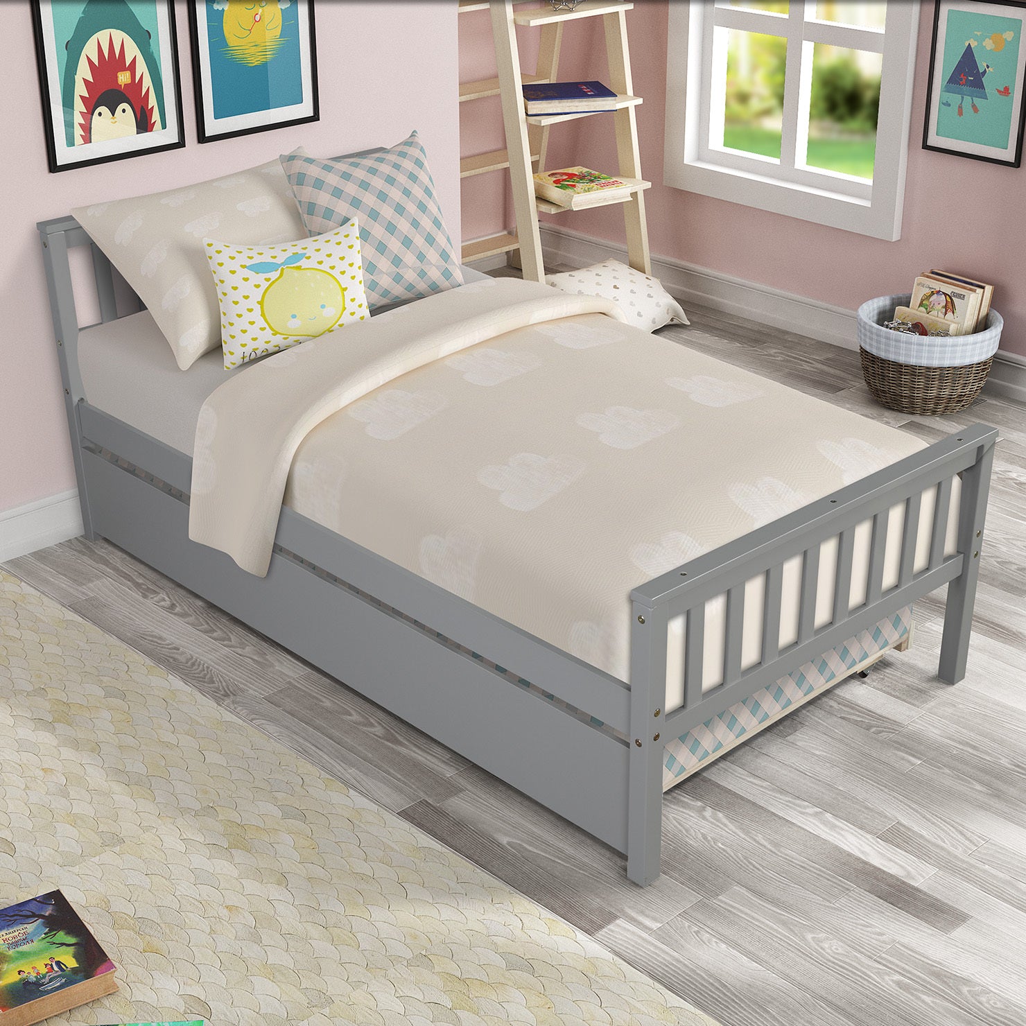 Twin Bed with Trundle, Platform Bed Frame with Headboard and Footboard, for Bedroom Small Living Space,No Box Spring Needed,Grey - Grand Goldman Shop