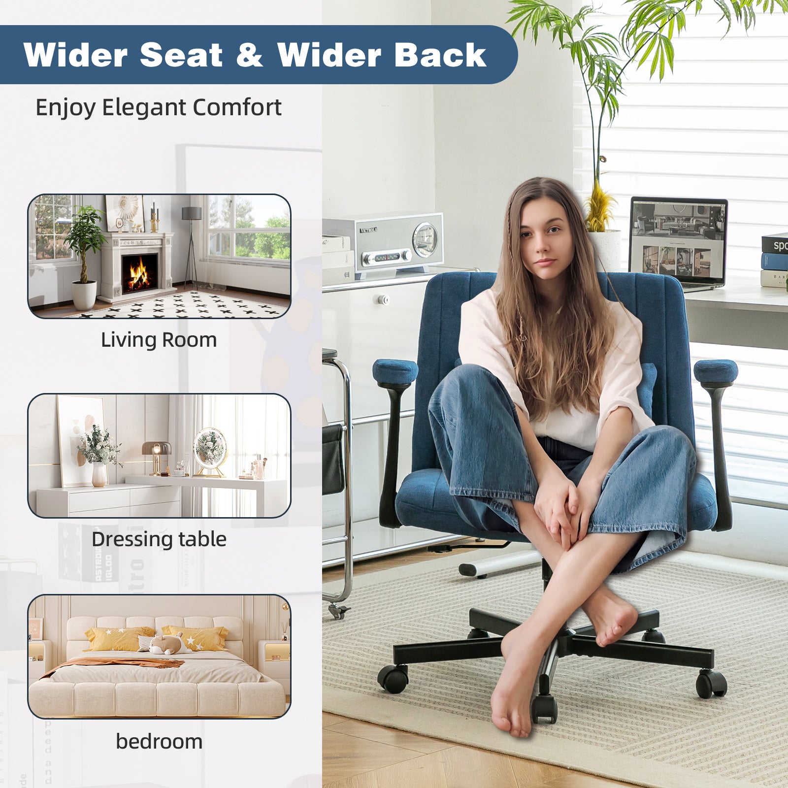 Modern Linen Blue Criss Cross Armrest Office Chair with Foldable Design, Soft Velvet Fabric, 36.6-Inch Height | Premium Home 