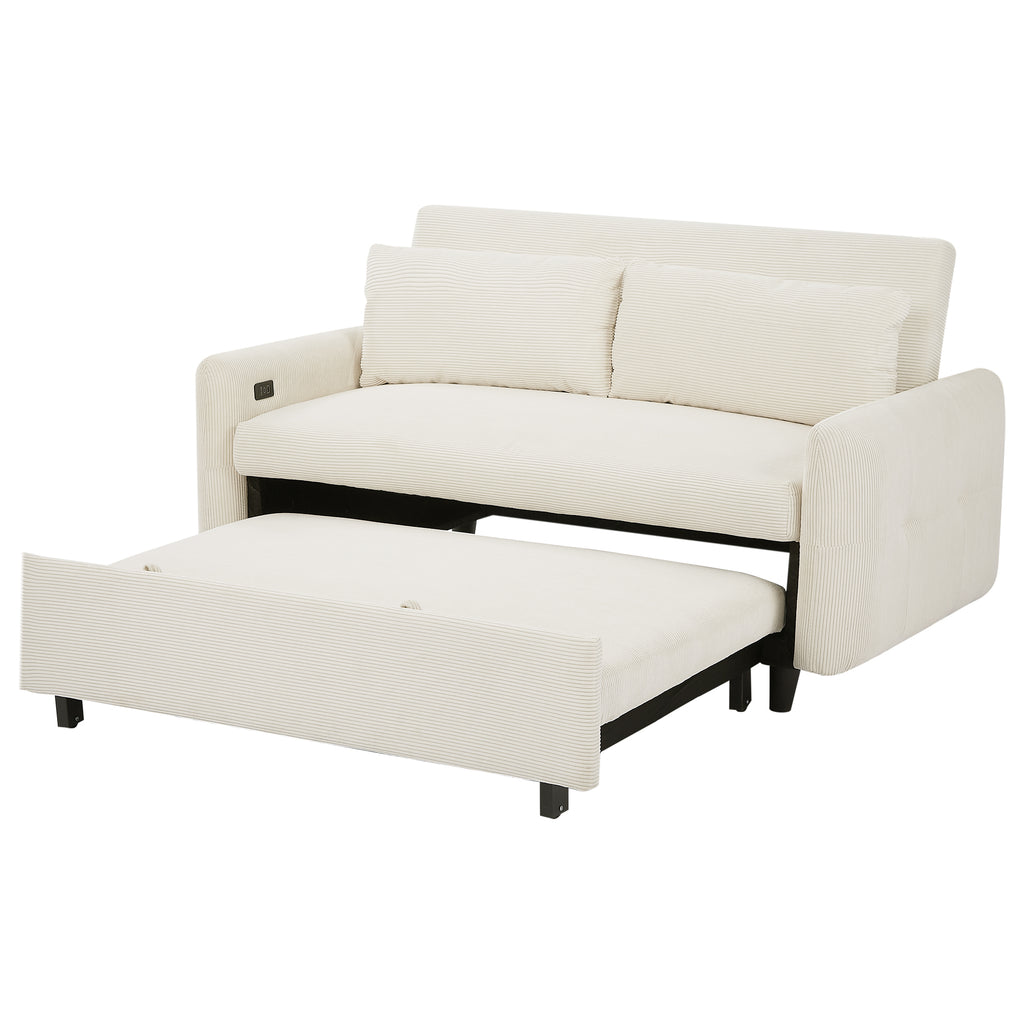 Modern Convertible Pull-out Sofa Bed with USB Ports and Pillows, Beige Corduroy, 57.48 inches - Grand Goldman Shop
