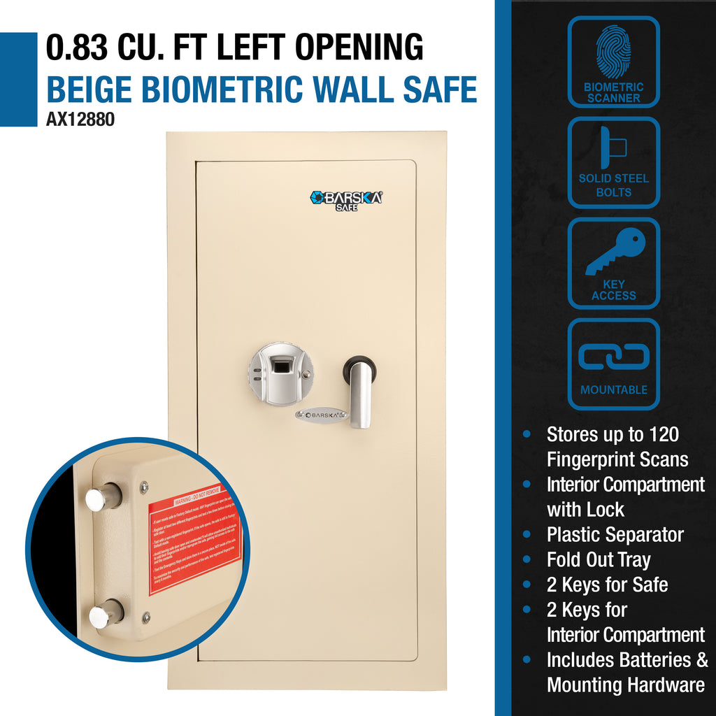 Biometric Wall Safe with Left Open Door in Beige Steel, 0.82 Cubic Ft | Premium Home Decor - Grand Goldman