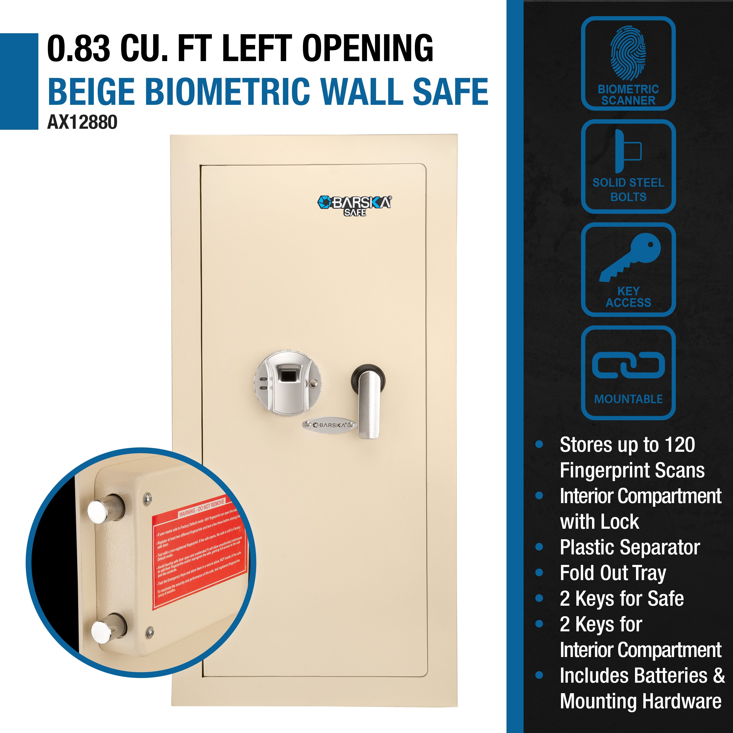 Biometric Wall Safe with Left Open Door in Beige Steel, 0.82 Cubic Ft | Premium Home Decor - Grand Goldman