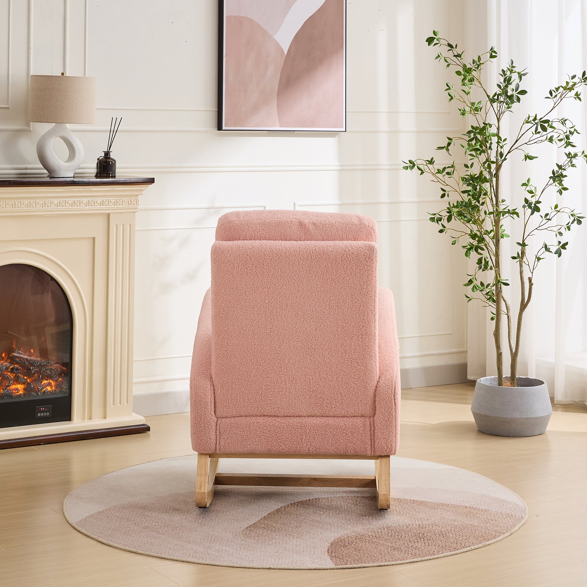 27.2'W Rocking Chair for Nursery, Sherpa Glider Chair with High Back and Side Pocket, Rocking Accent Armchair with Rubber Wood Legs for Living Room/Bedroom.Pink - Grand Goldman Shop