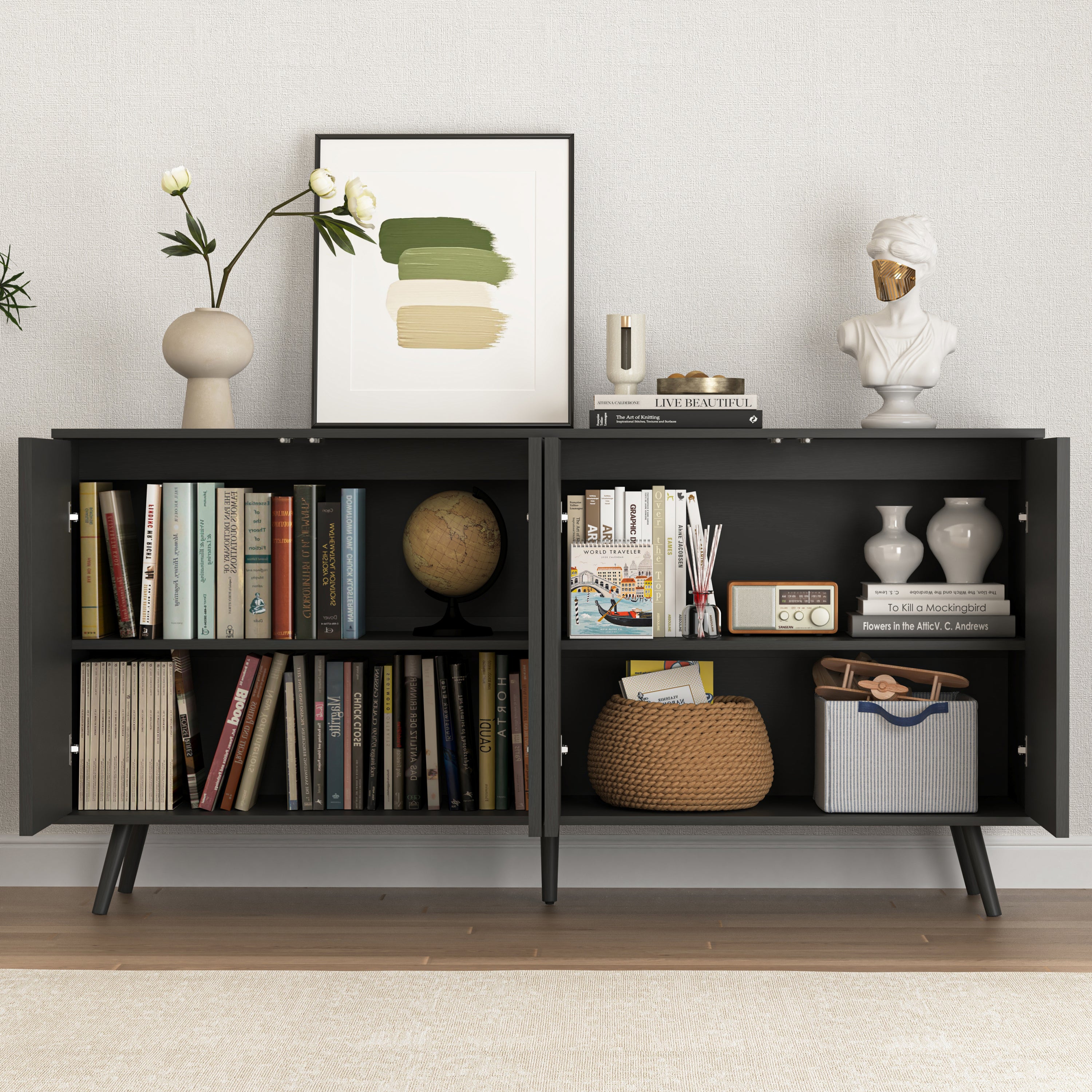 Sideboard Buffet Cabinet with Storage, Long Sideboard Storage Cabinet with 4 Doors, Wood Credenza Console Coffee Bar Cabinets with Adjustable Shelves for Living Room Kitchen Dining Room Black - Grand Goldman Shop