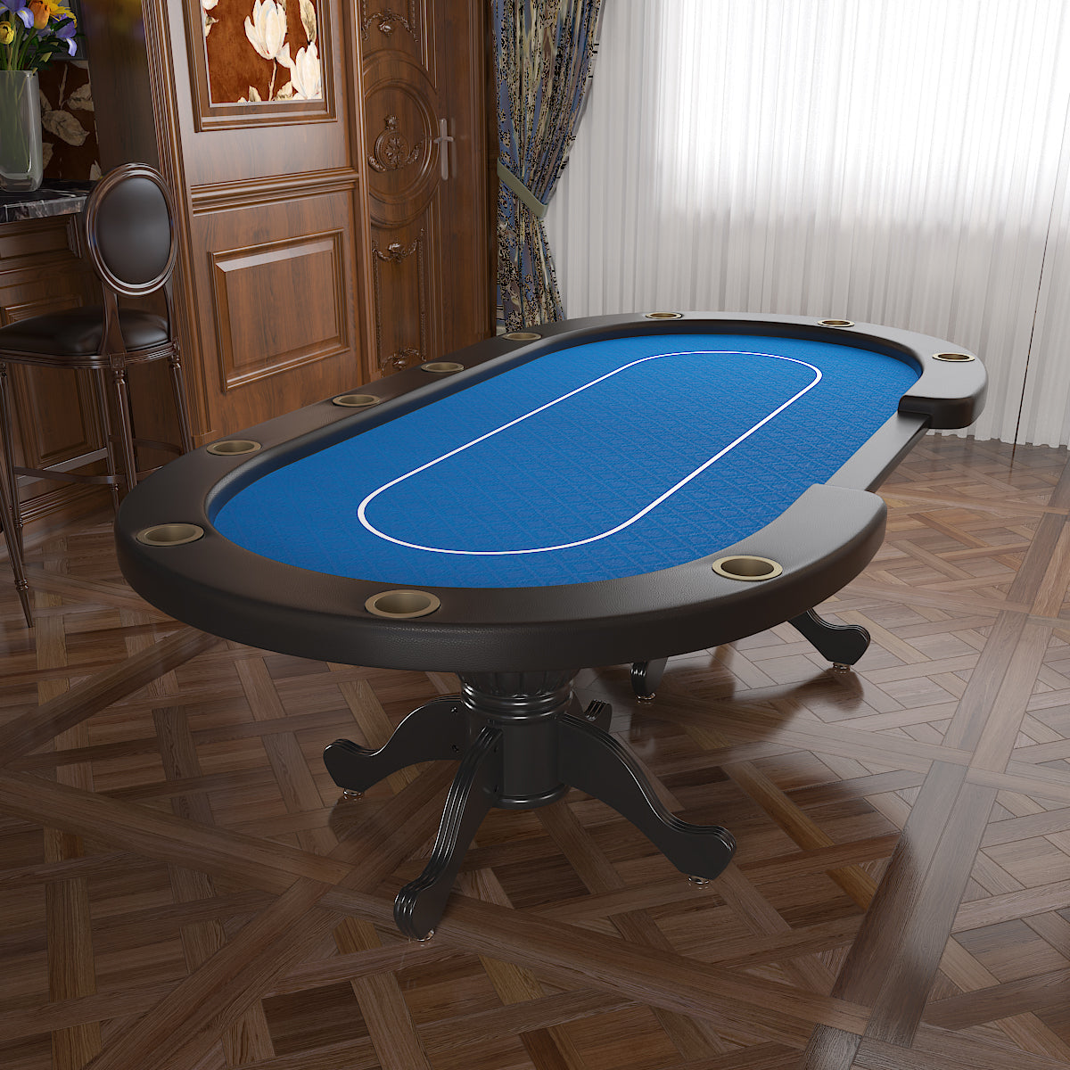 96' Oval Aura Poker Table for 10 Players Texas Holdem Poker Card with Bet Line Felt Surface Jumbo Cup Holders Blue | Premium 