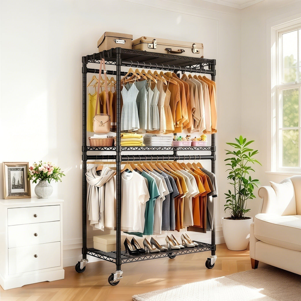 Heavy Duty Rolling Clothes Rack with 3 Tier Shelves, 2 Rails & Side Hooks, Adjustable Freestanding Organizer, Black Metal - Grand Goldman Shop