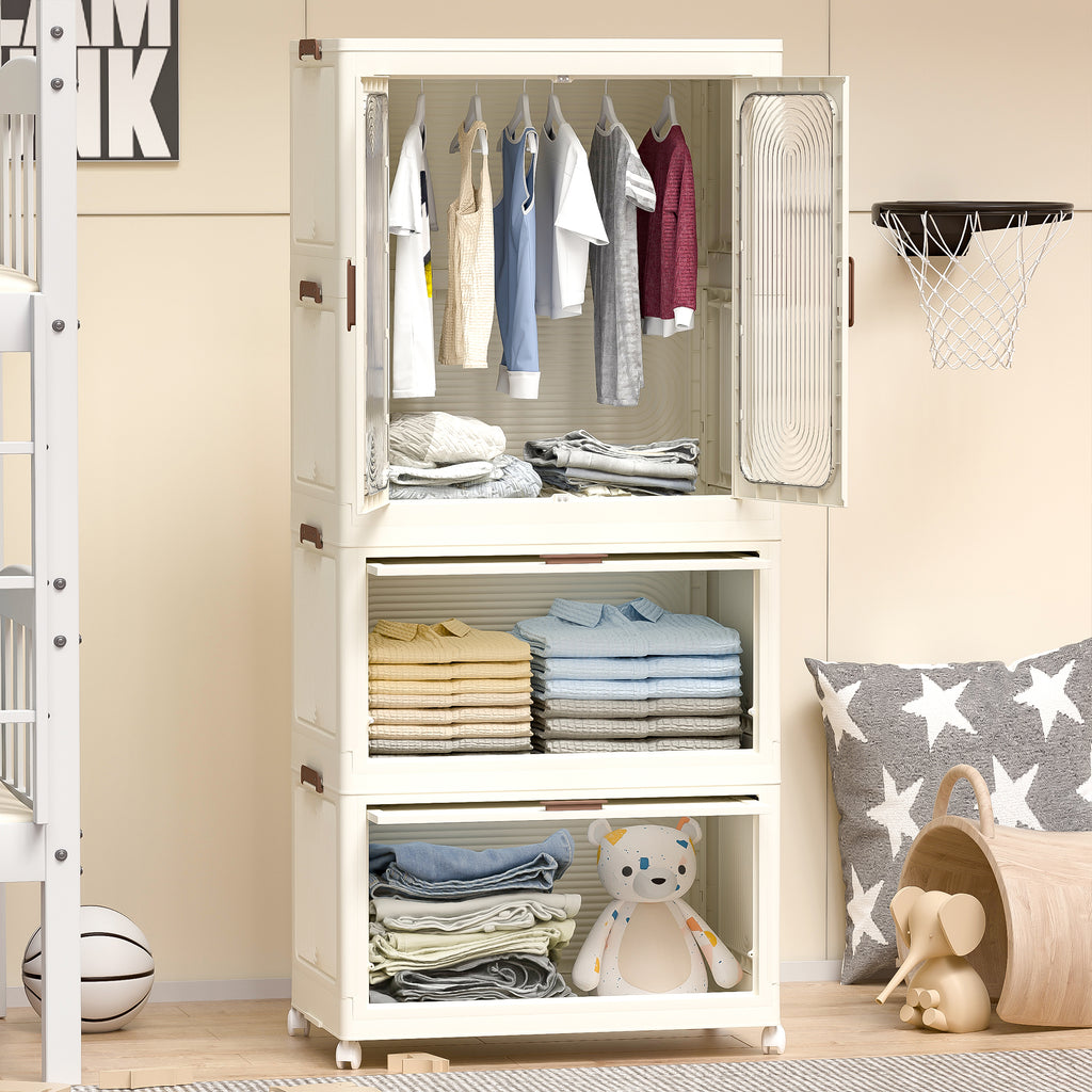 Portable Wardrobe Closet Storage Organizer with Magnetic Doors and Hanging Rod, Cream White - Grand Goldman Shop