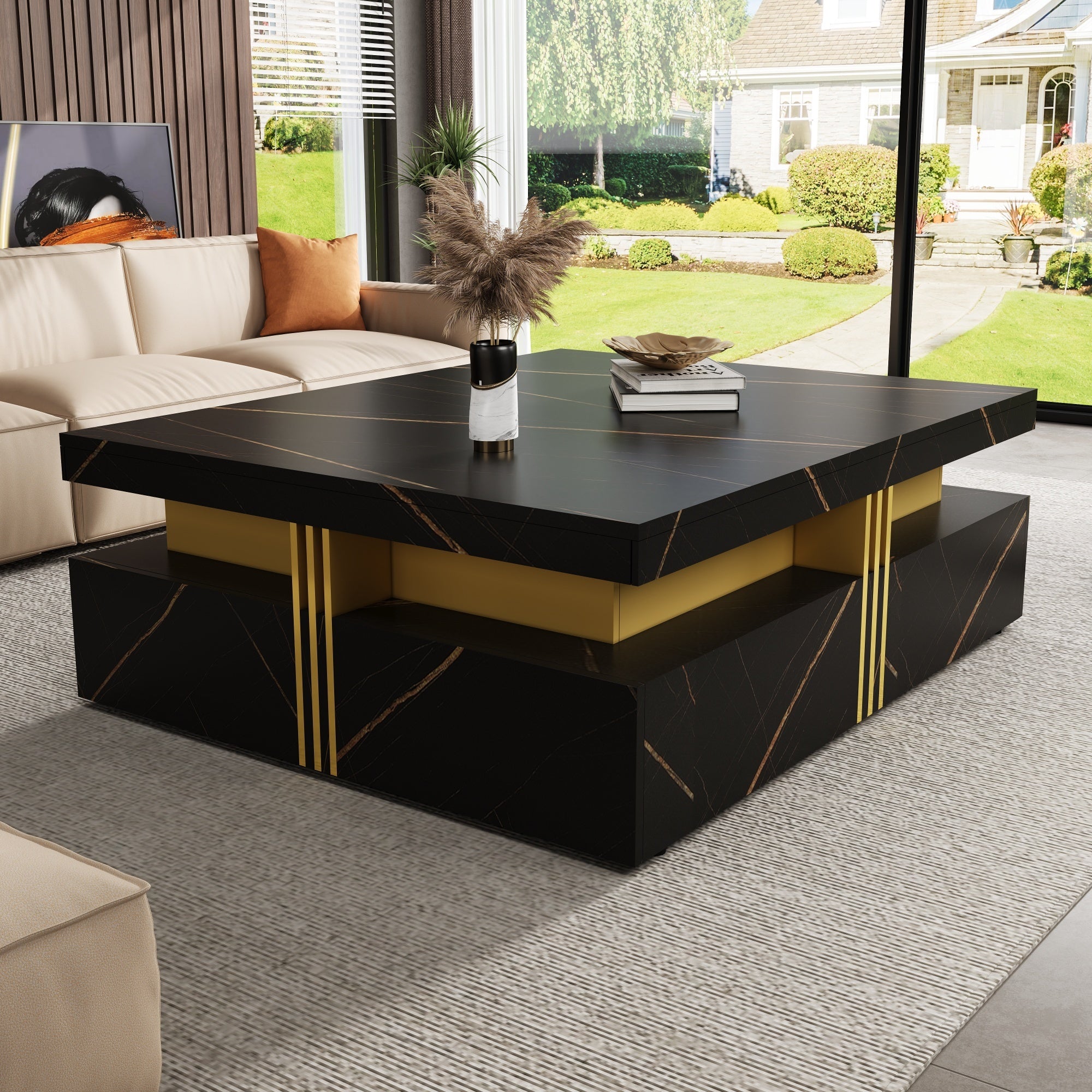 Modern Black Square Storage Coffee Table With 4 Drawers - Grand Goldman Shop