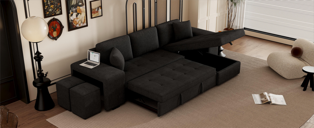 Modern L-Shape 3 Seat Reversible Sectional Couch with Pull Out Sleeper Sofa, Storage Chaise, 2 Stools, Charcoal Grey, Linen Chenille - Grand Goldman Shop