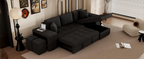 Modern L-Shape 3 Seat Reversible Sectional Couch with Pull Out Sleeper Sofa, Storage Chaise, 2 Stools, Charcoal Grey, Linen Chenille - Grand Goldman Shop