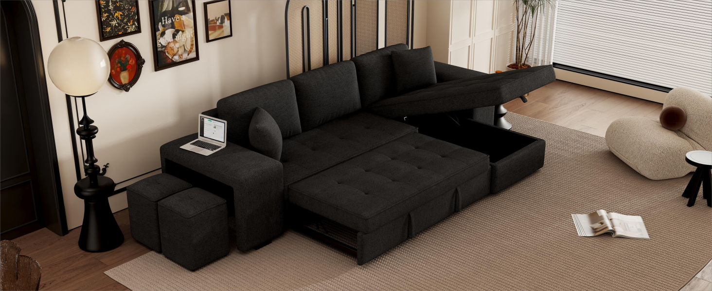 Modern L-Shape 3 Seat Reversible Sectional Couch with Pull Out Sleeper Sofa, Storage Chaise, 2 Stools, Charcoal Grey, Linen Chenille - Grand Goldman Shop