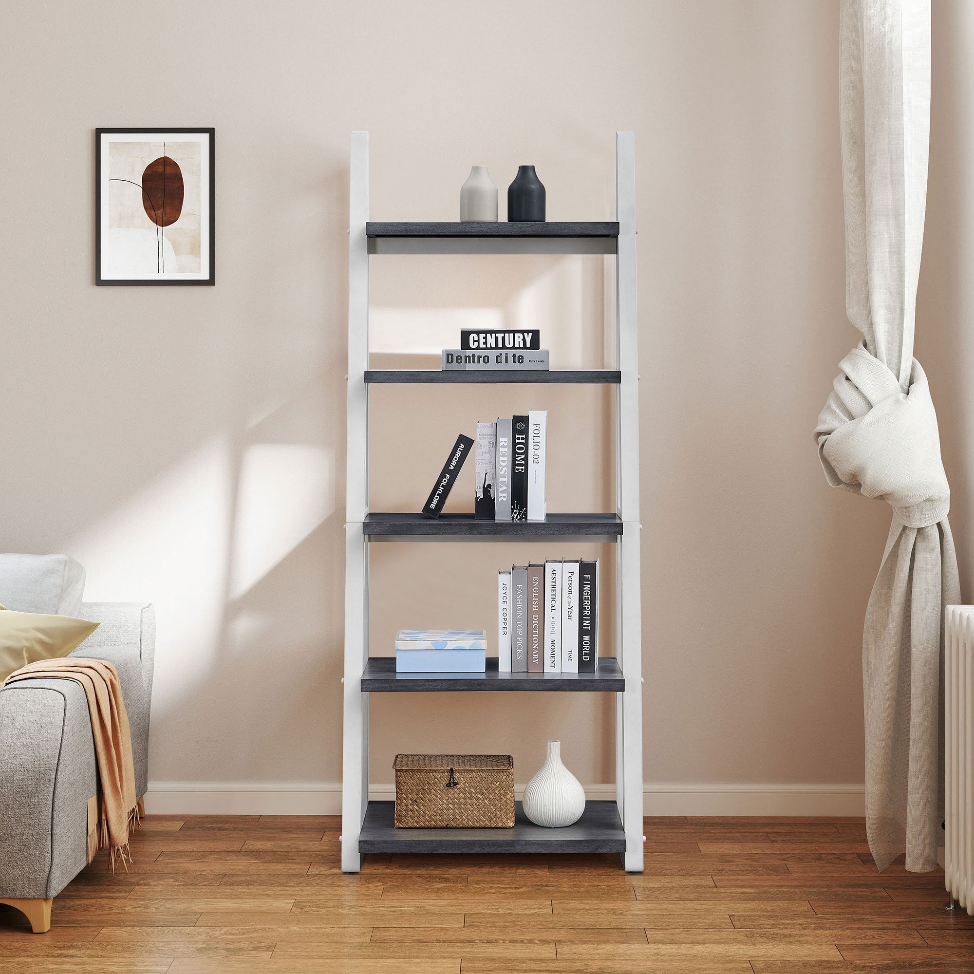 Stylish 5-Tier Shelves,Bookshelf, Storage Rack, Bookcase with Rubber Wood Frame, Ladder Shelf for Living Room, Home Office, K