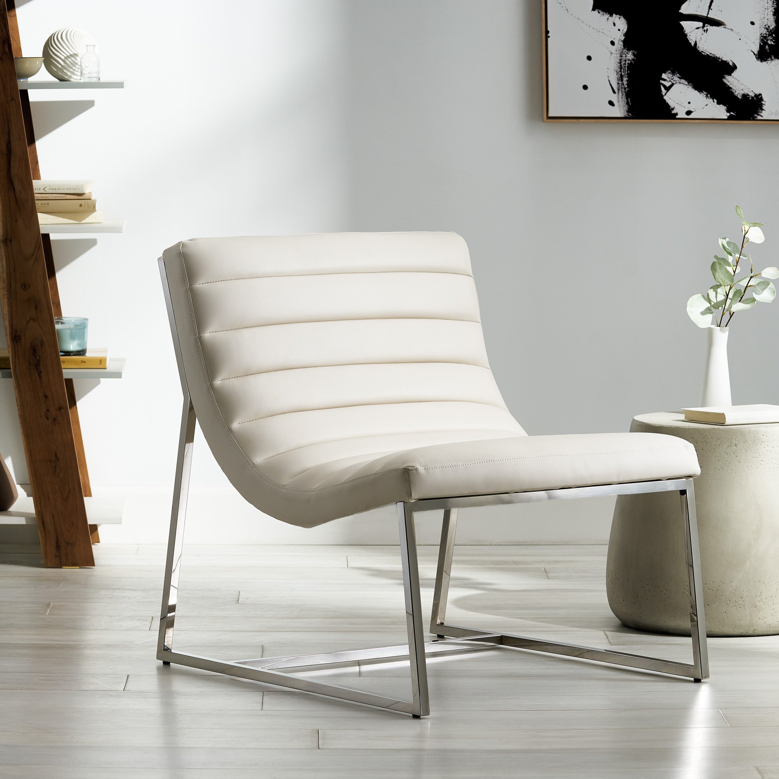 WILMOUTH ROLL OCCASIONAL CHAIR in White Leather with Chrome-Finished Steel Legs, Modern & Contemporary Style - Grand Goldman Shop