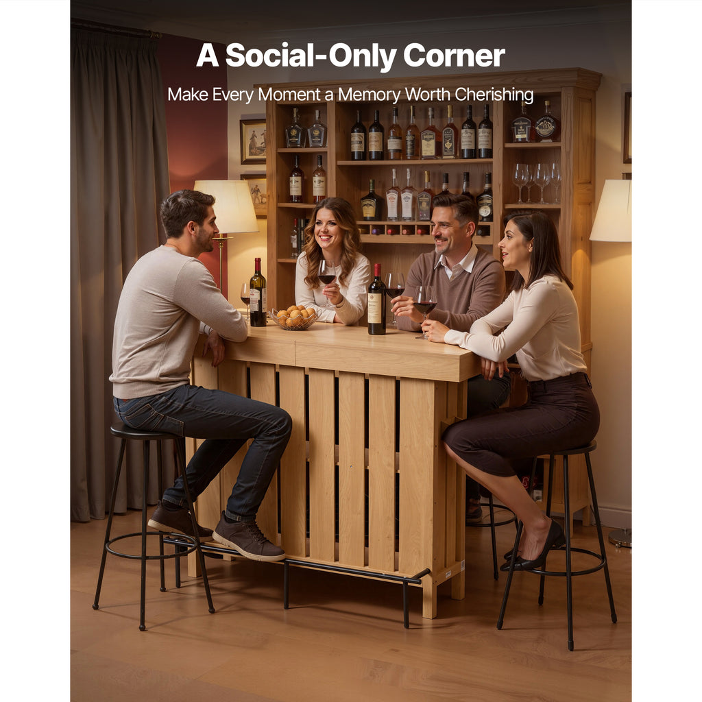 Home Bar Unit, Wine Bar Cabinet Table 3-Tier with Storage Shelves, Opener Storage Box & Adjustable Foot Pads, Black Footrest, Wood & Metal Liquor Cabinet for Home, Basement, Kitchen, Living Room - Grand Goldman Shop