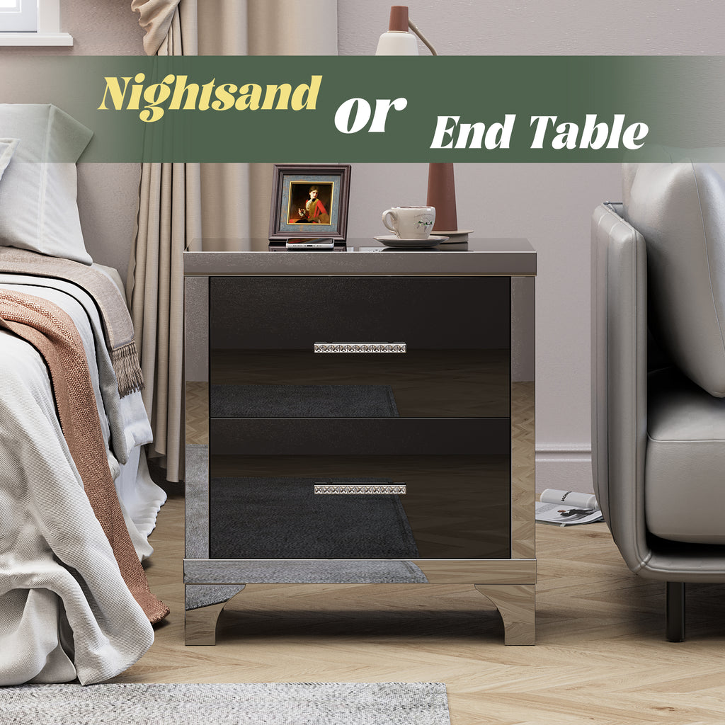 High Gloss Mirrored Nightstand with 2 Drawers,Modern End Table with Drawers,Mirrored High Gloss Wood Nightstand Metal Handle Bedside End Table for Bedroom, Dorm,Living Room,Black - Grand Goldman Shop