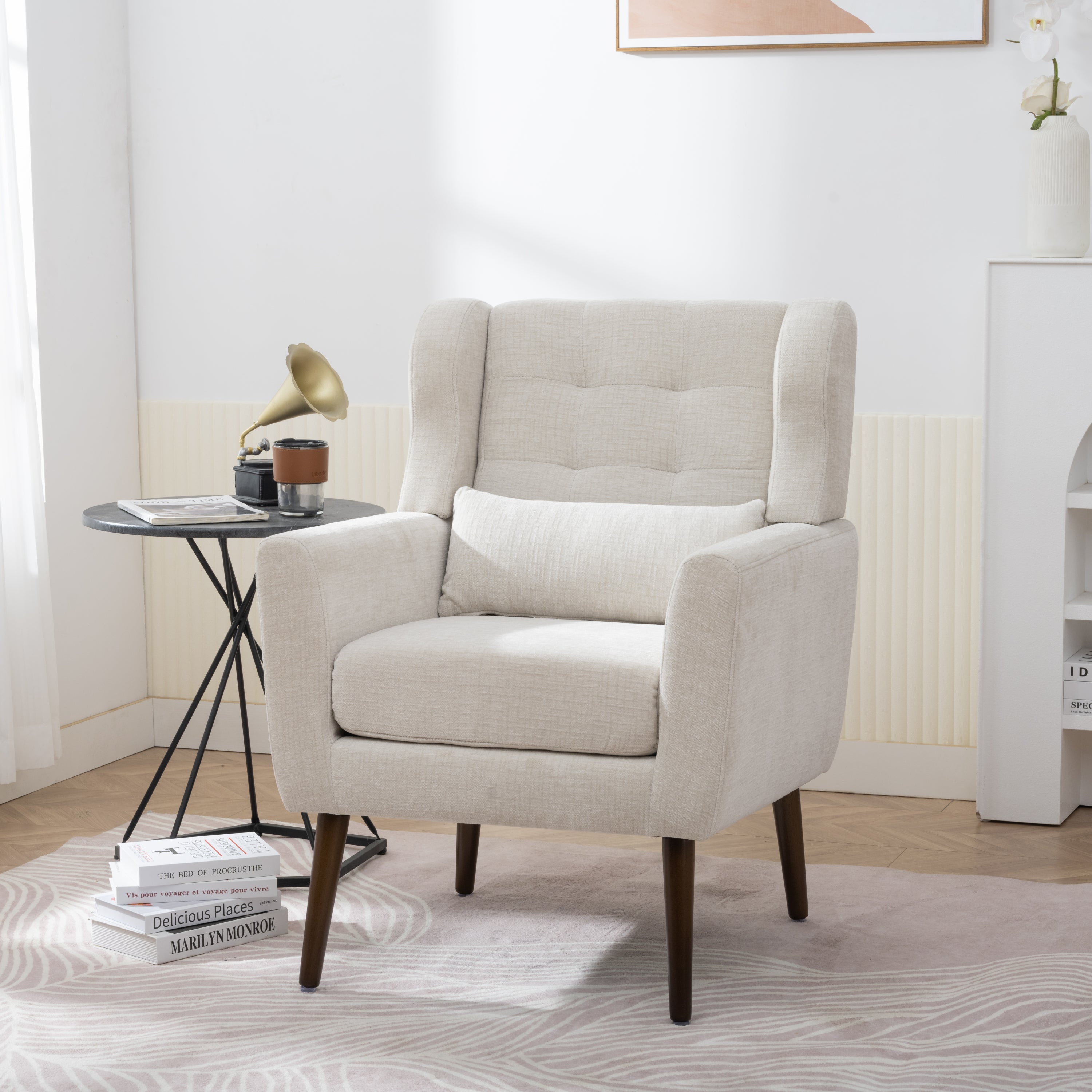 Modern Accent Chair Upholstered Foam Filled Living Room Chairs Comfy Reading Chair Mid Century Modern Chair with Chenille Fabric Lounge Arm Chairs Armchair for Living Room Bedroom (Beige) - Grand Goldman Shop