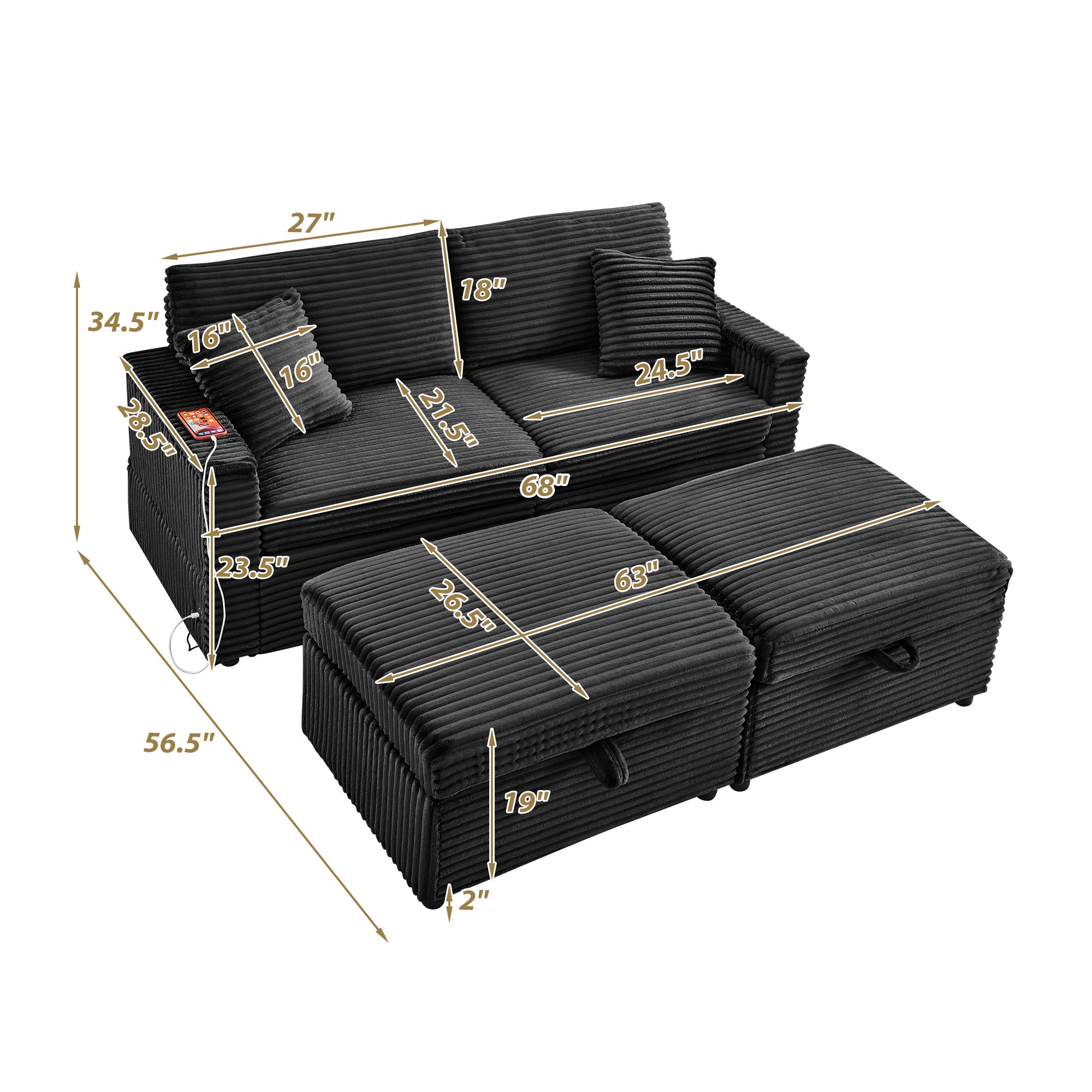 Comfortable Fluffy Corduroy Lazy Sofa, Storage Space for Big Loveseat, Super Soft Chaise Lounge with Double Ottomans and Table Board,Suitable for Chailiving - Grand Goldman Shop